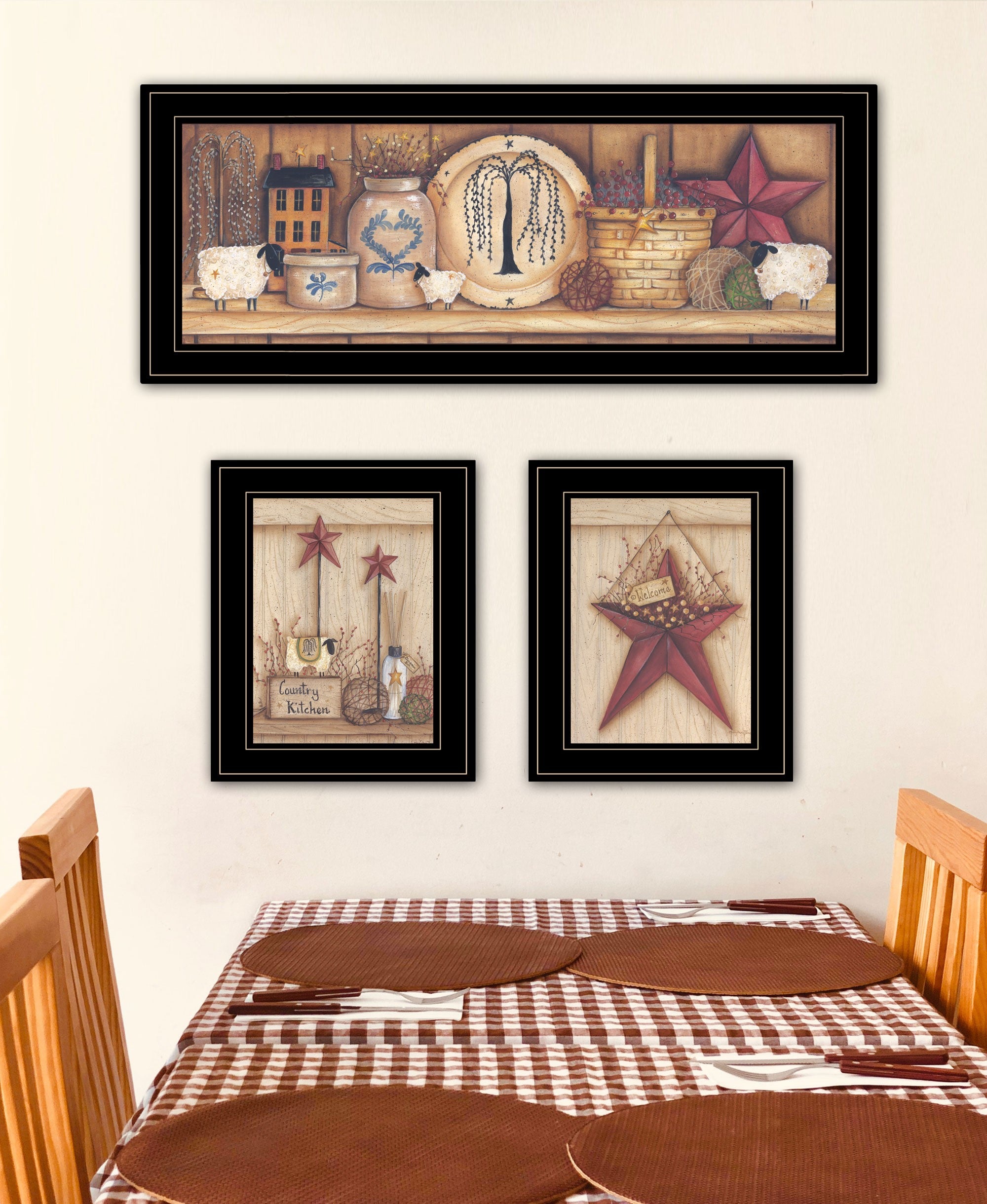 Set Of Three Country Shelf and Stars Black Framed Print Wall Art