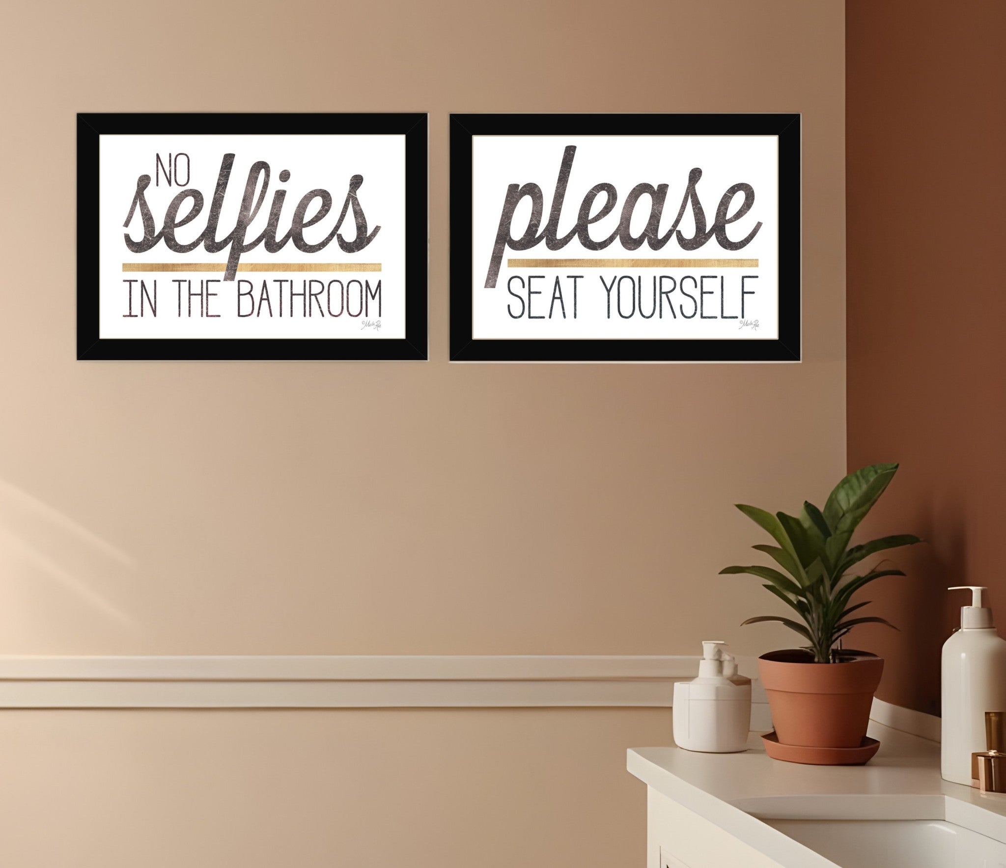 Set Of Two No Selfies When Seated Black Framed Print Bathroom Wall Art