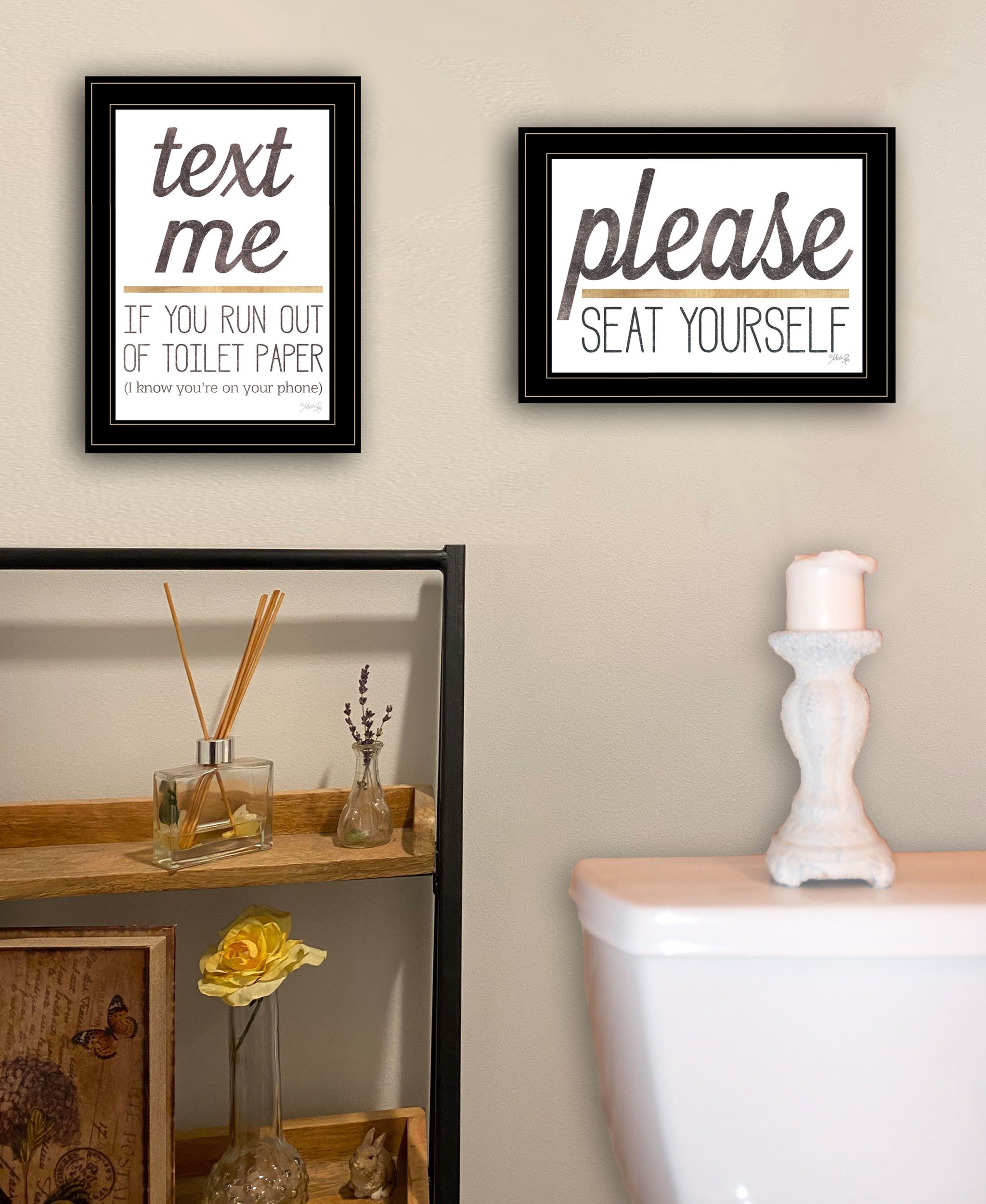 Set Of Two Text Me If You Run Out of Toilet Paper While Seated Black Framed Print Wall Art