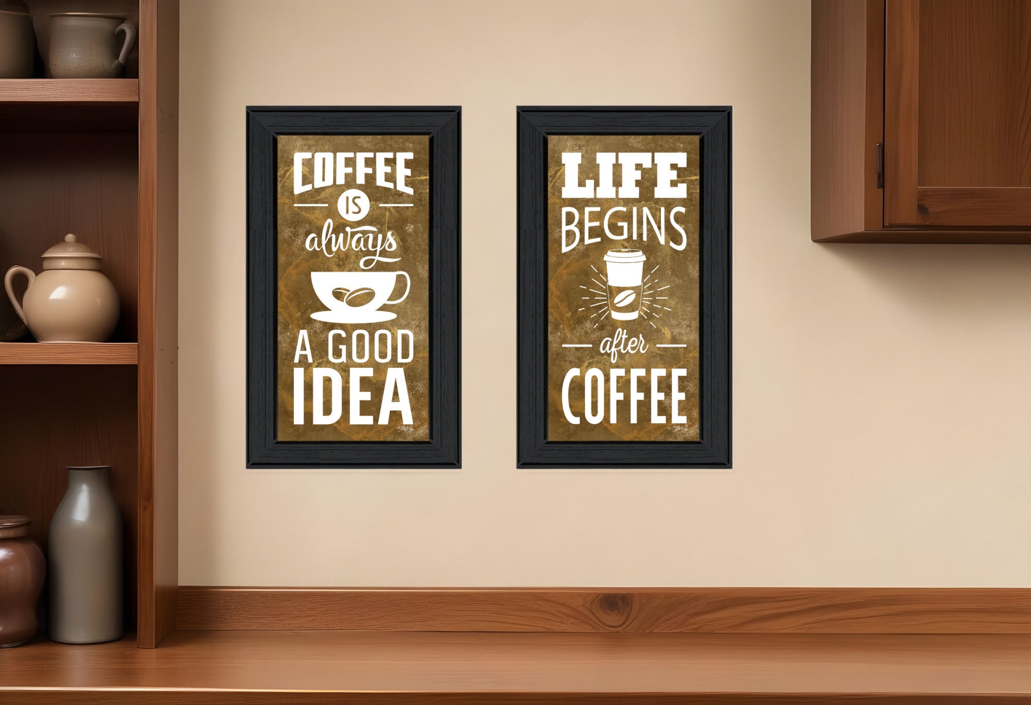 Set Of Two Life Begins and Ends With Coffee White Framed Print Wall Art