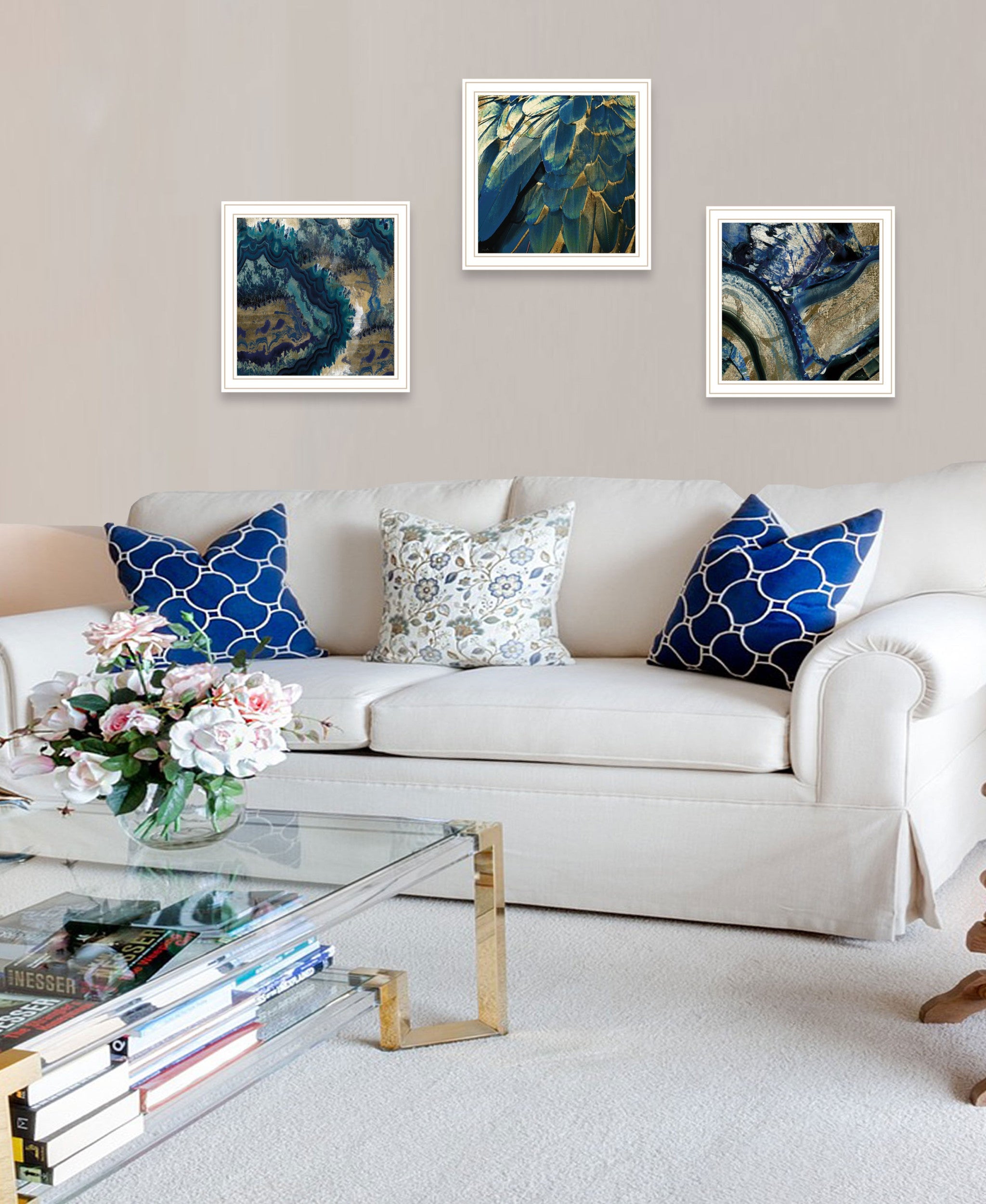 Set Of Three Deep Blue 2 White Framed Print Wall Art