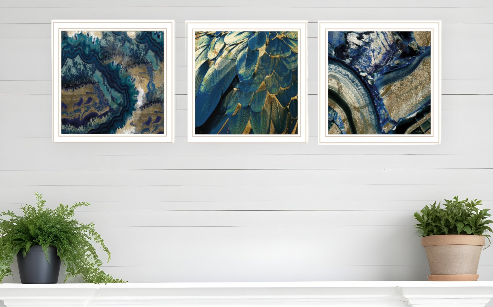 Set Of Three Deep Blue 2 White Framed Print Wall Art