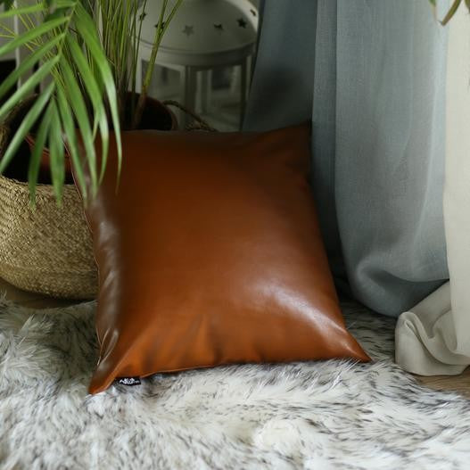 20" Brown Faux Leather Throw Pillow