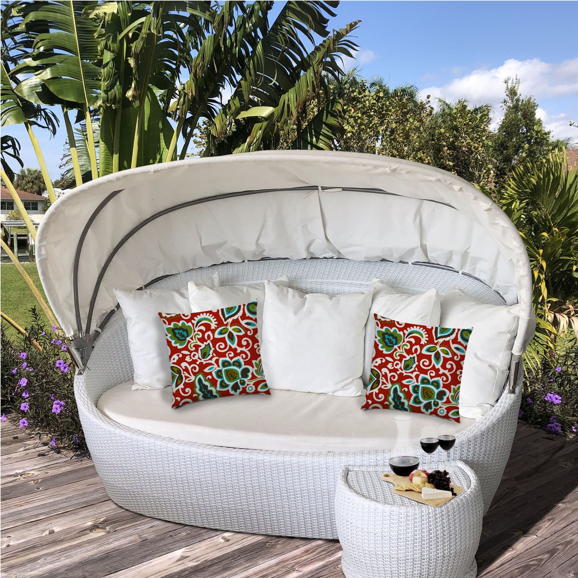 14" X 20" Read And Green Blown Seam Floral Lumbar Indoor Outdoor Pillow