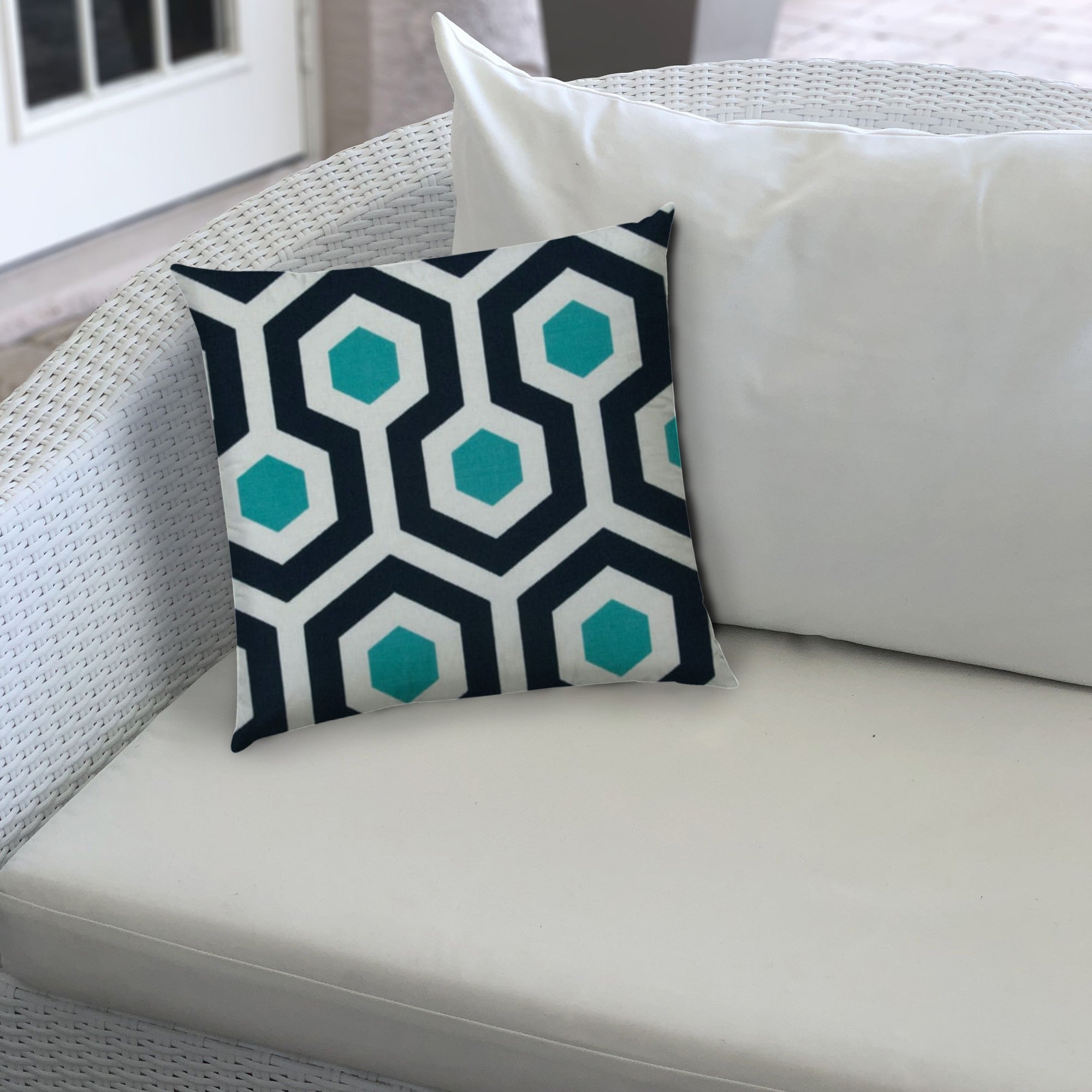 14" X 20" White And Aqua Blown Seam Geometric Lumbar Indoor Outdoor Pillow