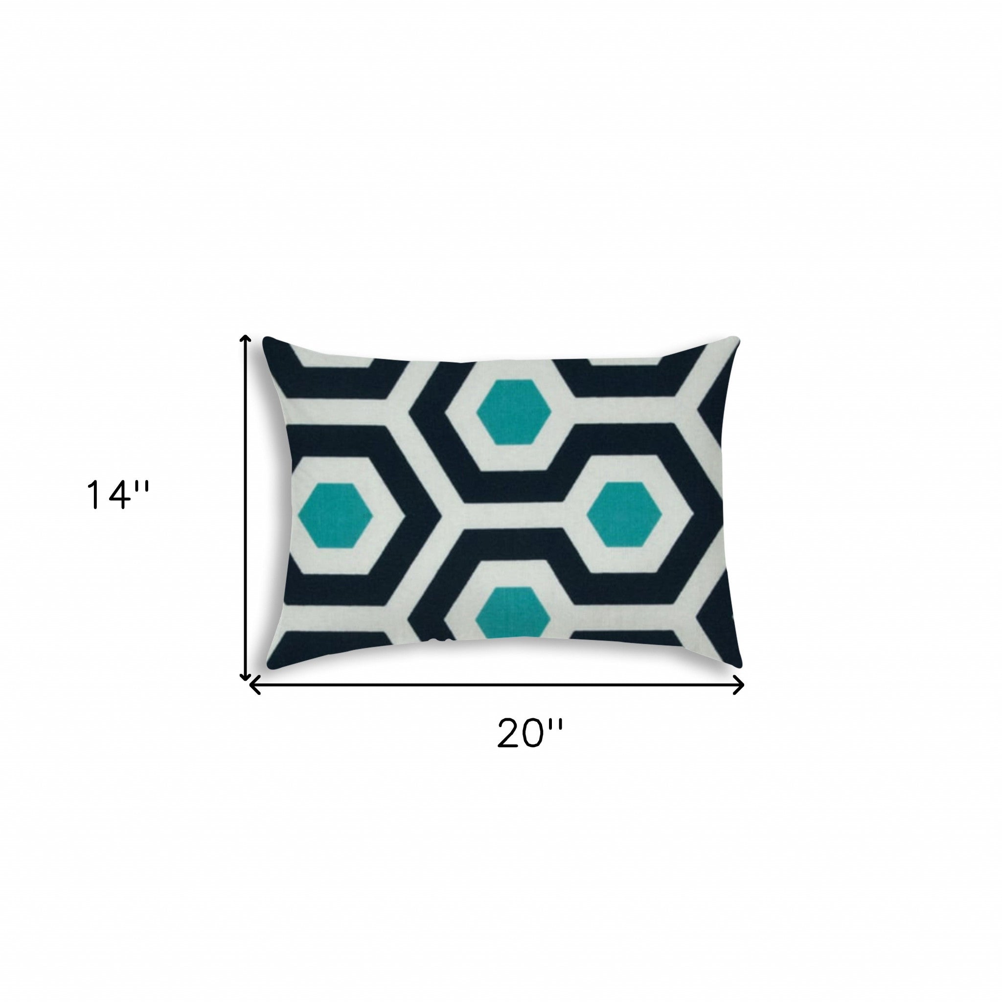 14" X 20" White And Aqua Blown Seam Geometric Lumbar Indoor Outdoor Pillow