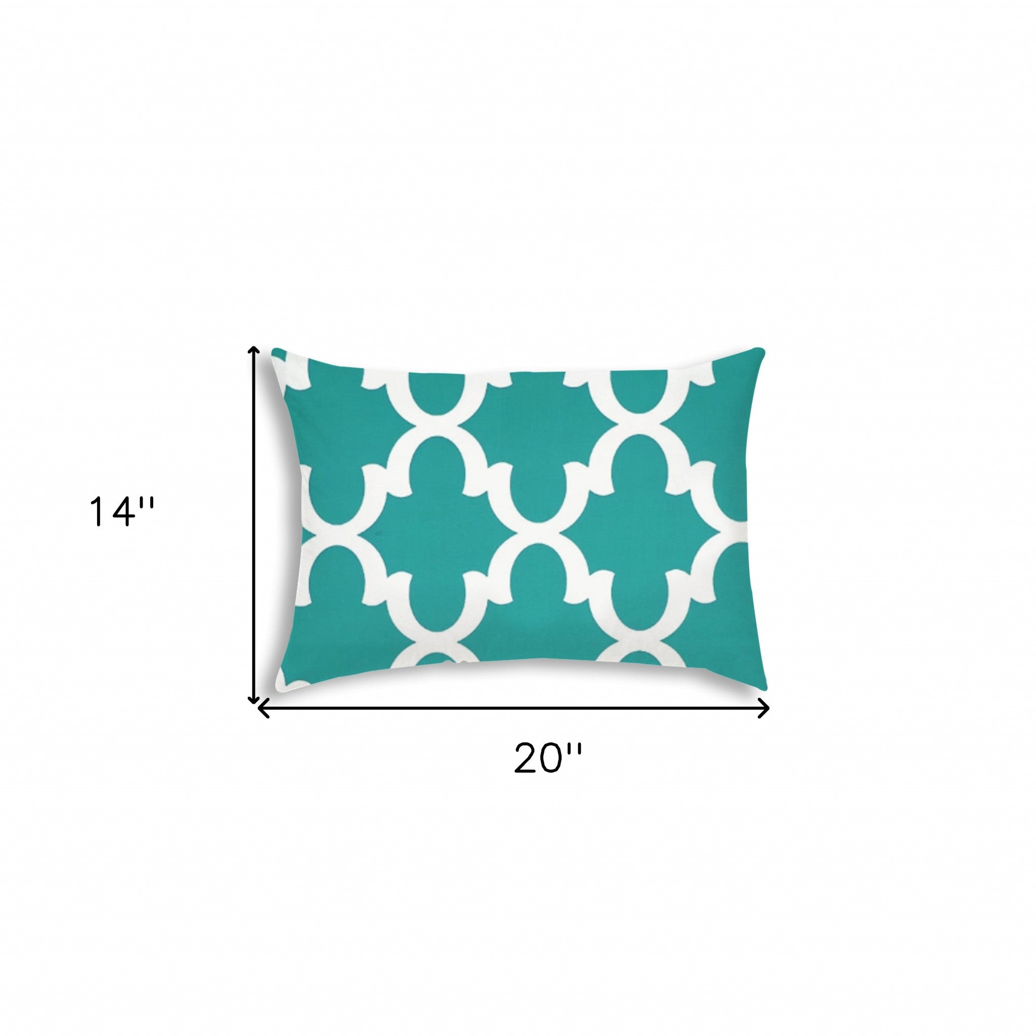 14" X 20" Turquoise And White Blown Seam Quatrefoil Lumbar Indoor Outdoor Pillow