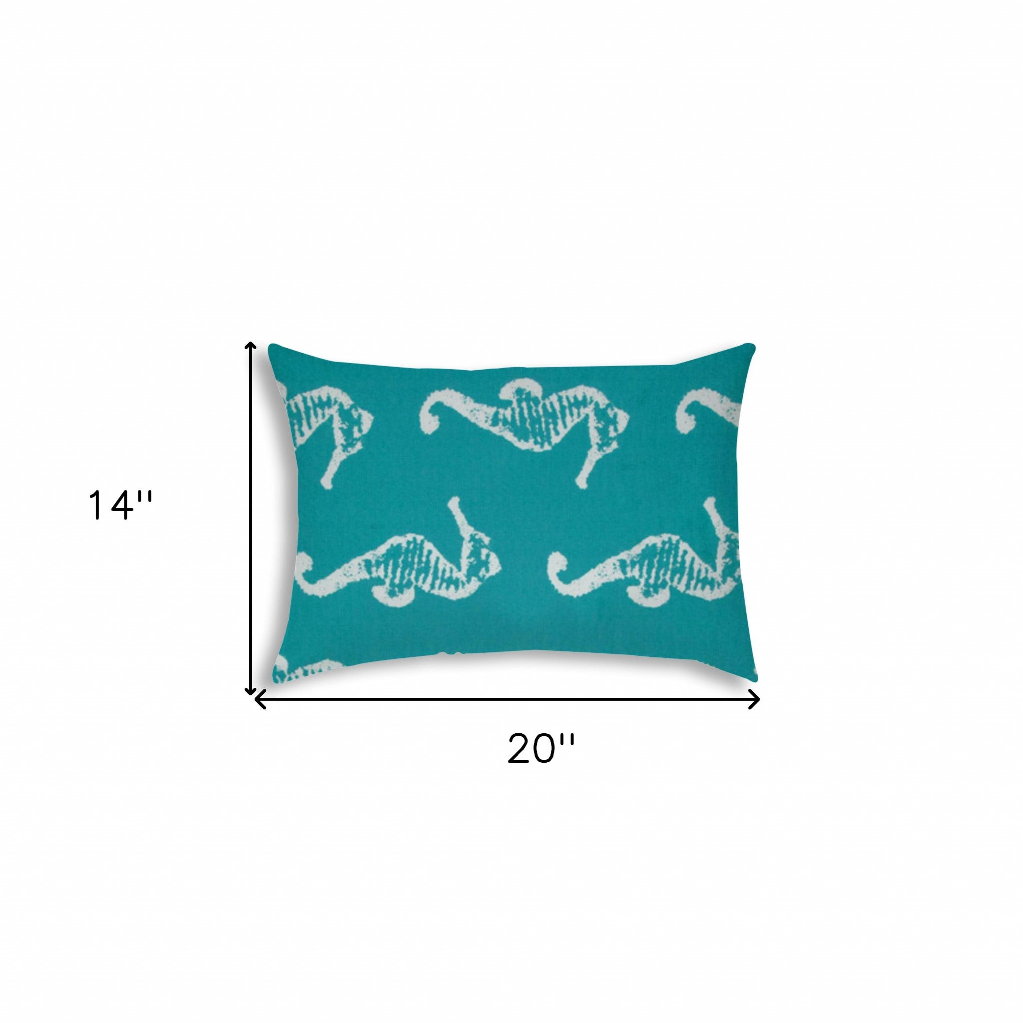 14" X 20" Turquoise And White Seahorse Blown Seam Lumbar Indoor Outdoor Pillow