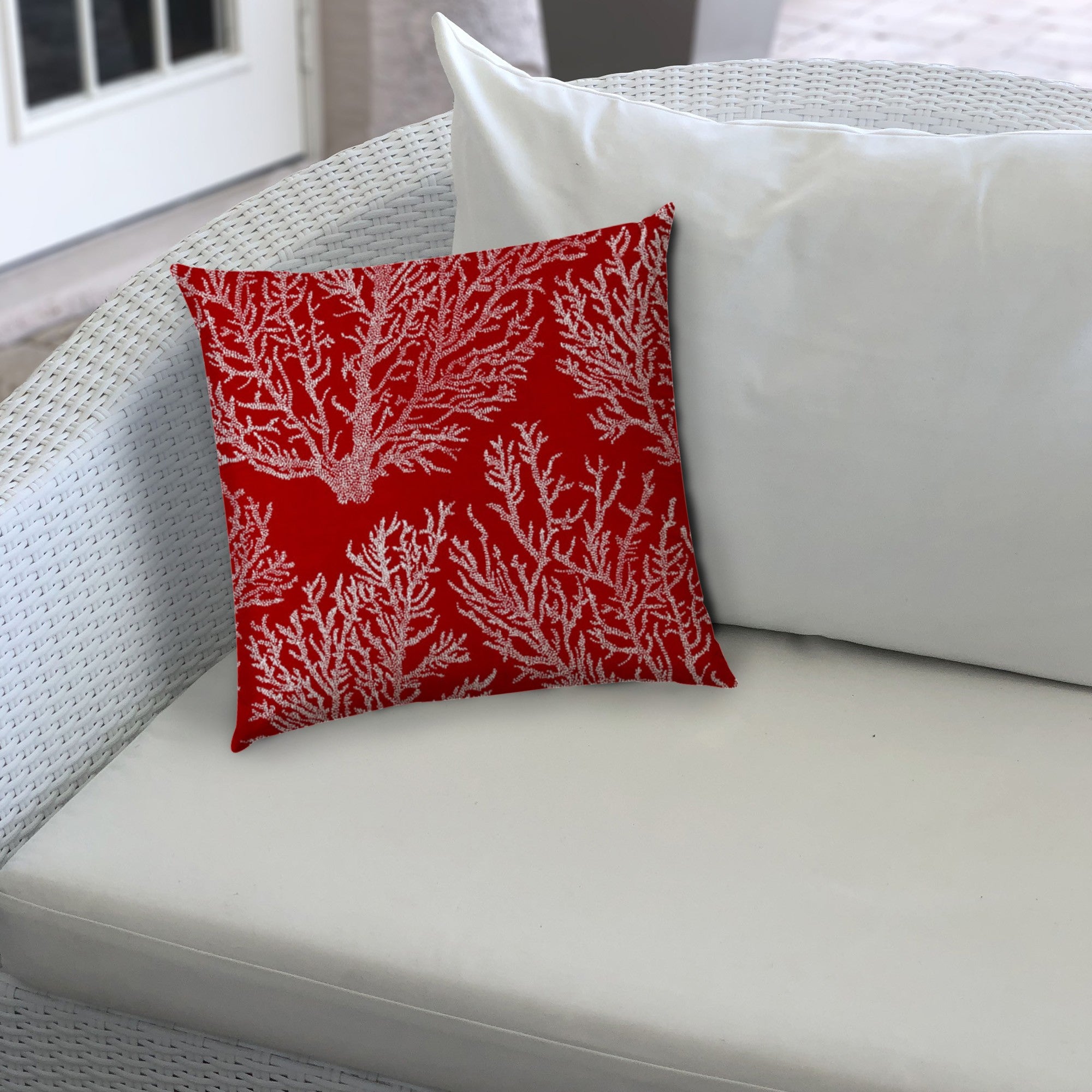 14" X 20" Red And White Corals Blown Seam Coastal Lumbar Indoor Outdoor Pillow