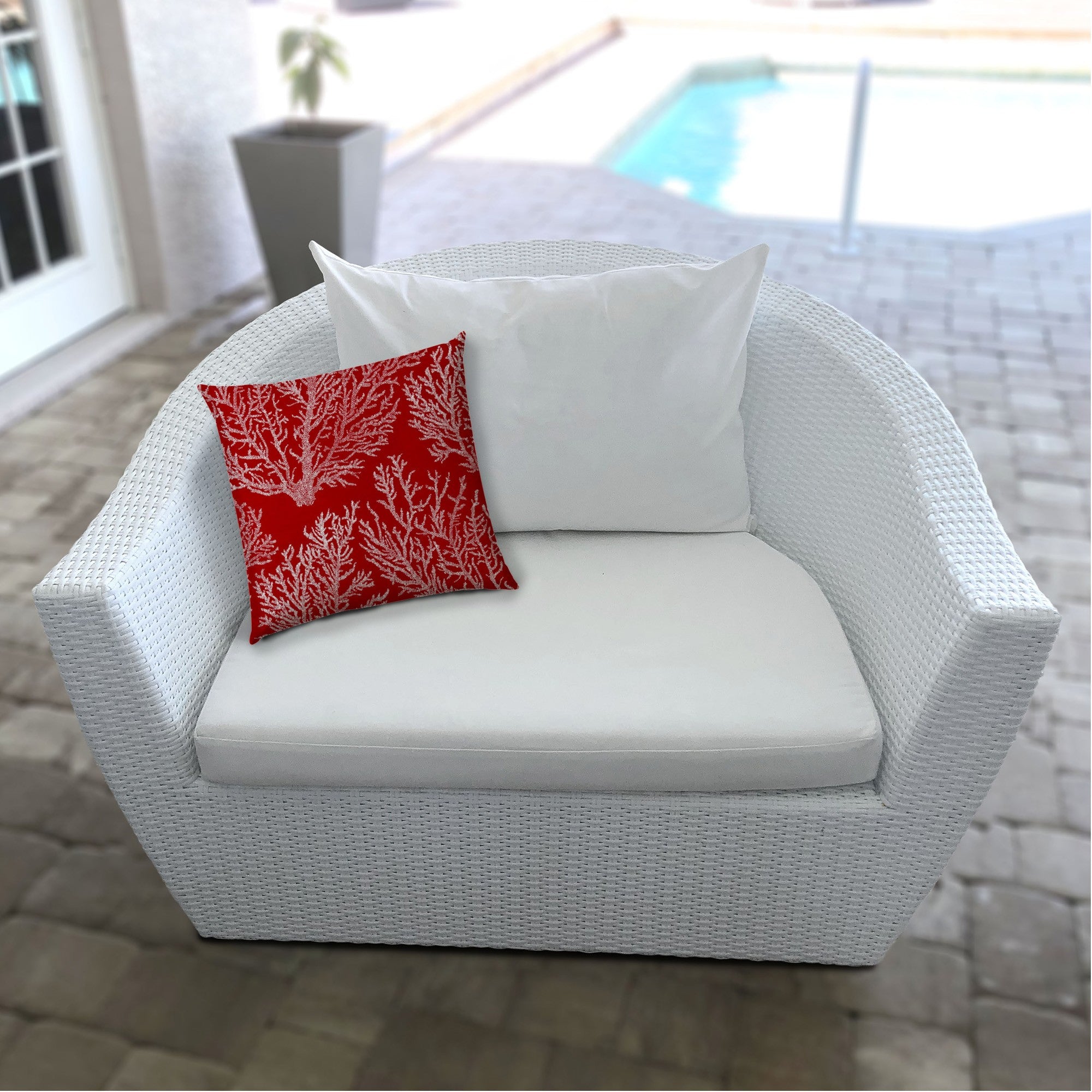 14" X 20" Red And White Corals Blown Seam Coastal Lumbar Indoor Outdoor Pillow