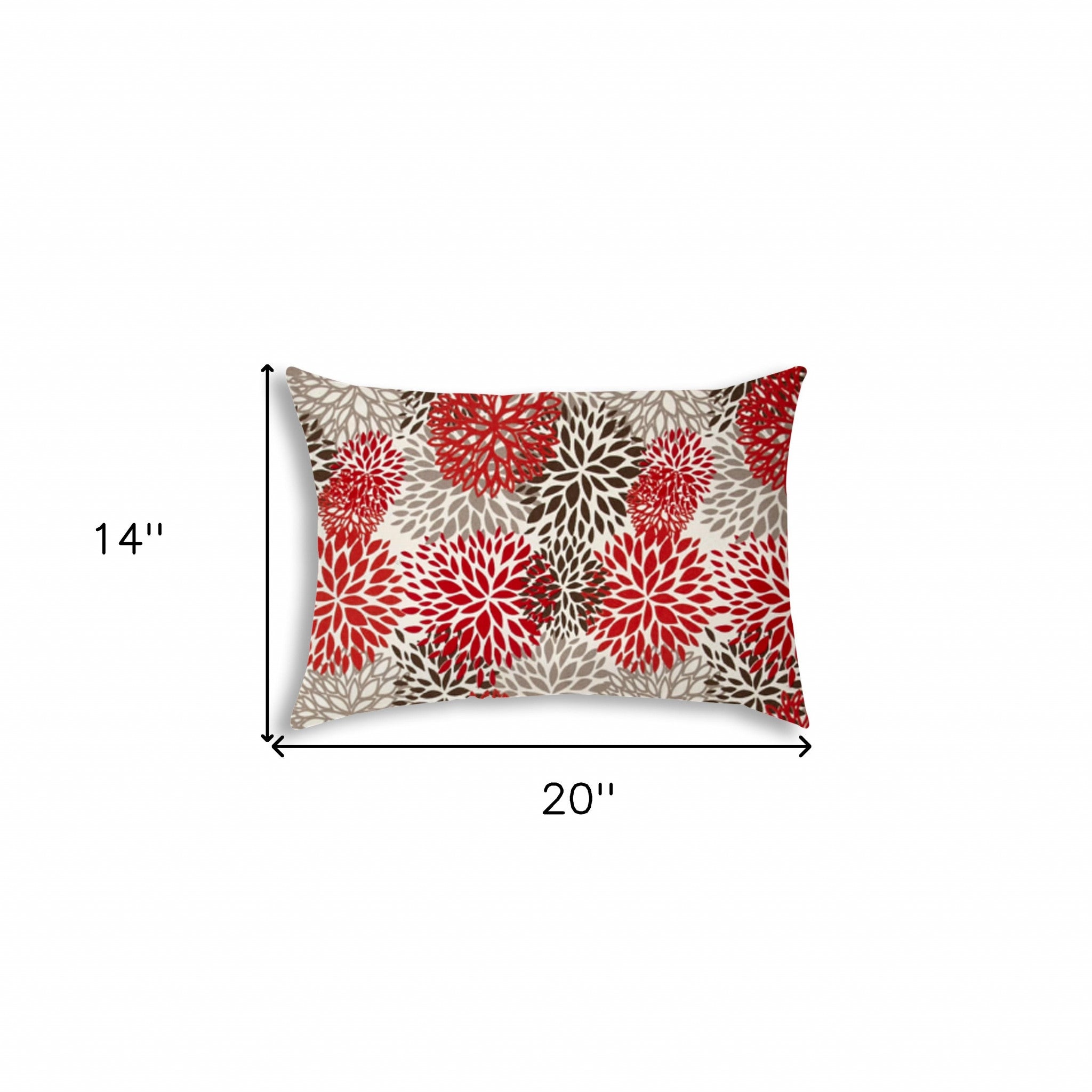 14" X 20" Red And White Blown Seam Floral Lumbar Indoor Outdoor Pillow