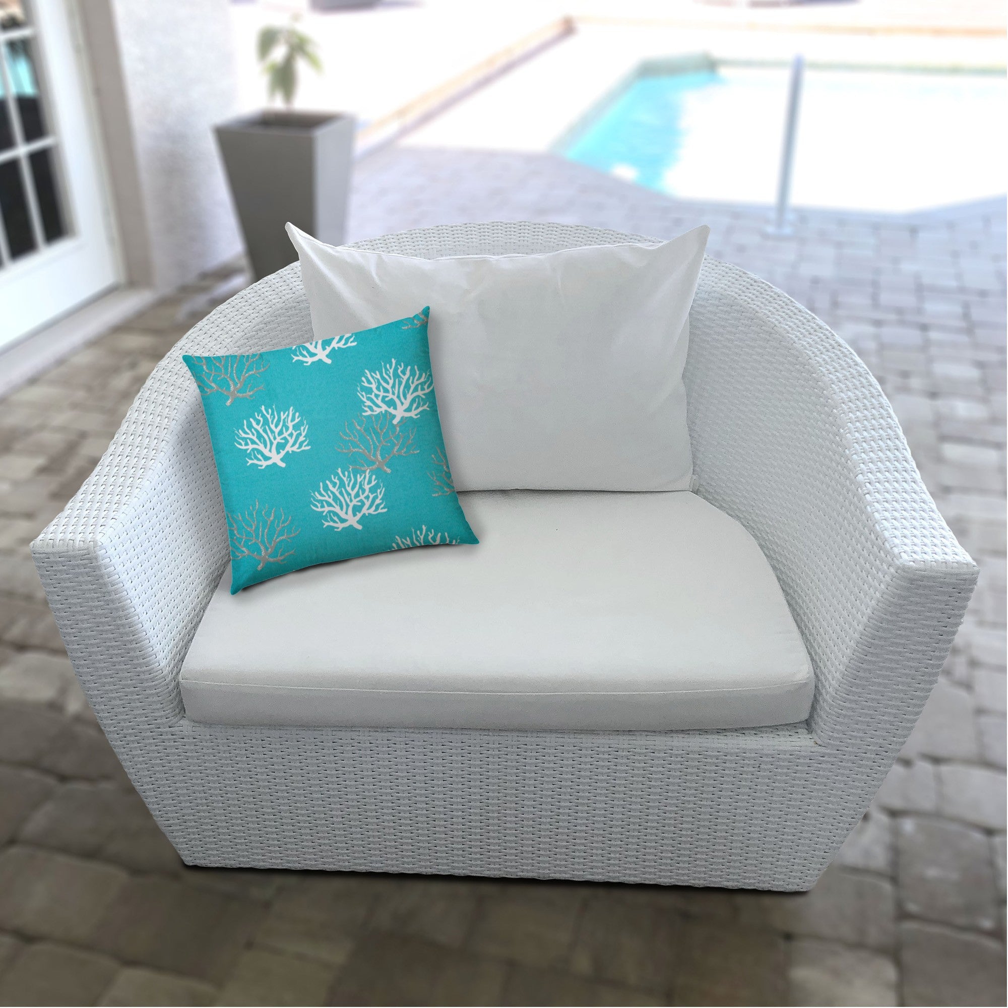 17" X 17" Aqua And White Corals Blown Seam Coastal Lumbar Indoor Outdoor Pillow