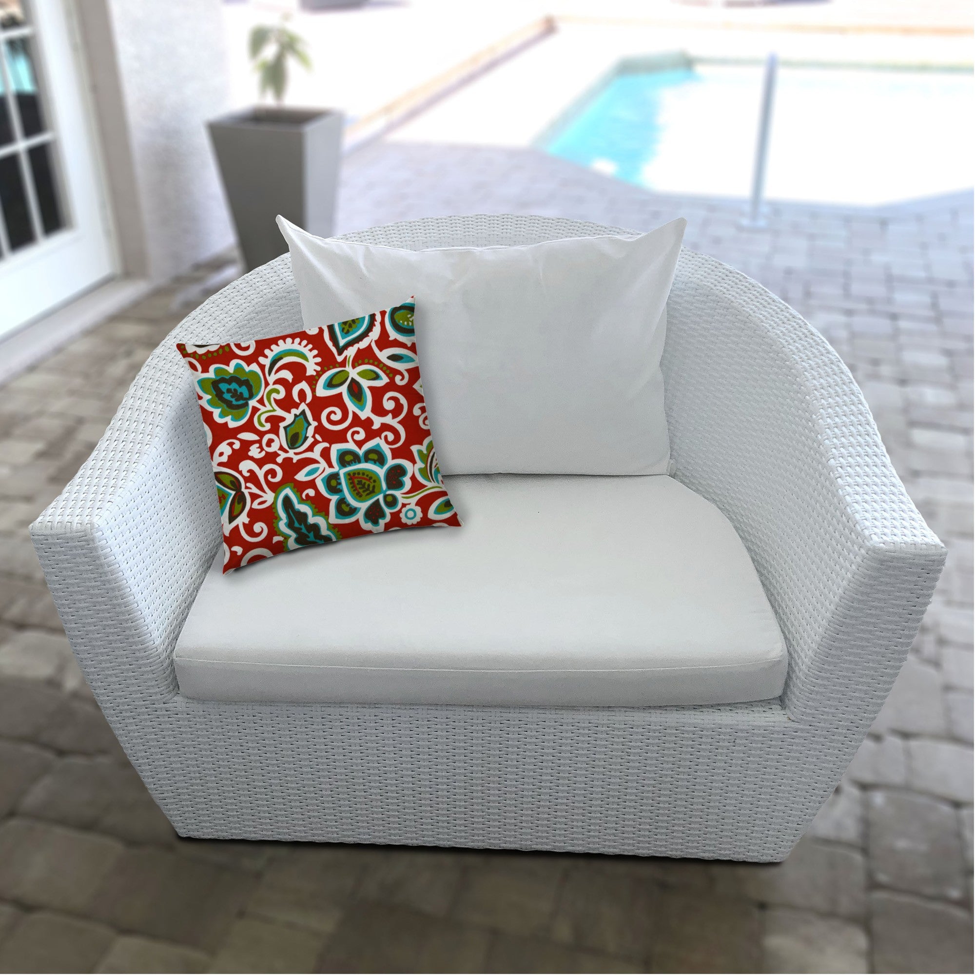 17" X 17" Read And Green Blown Seam Floral Lumbar Indoor Outdoor Pillow