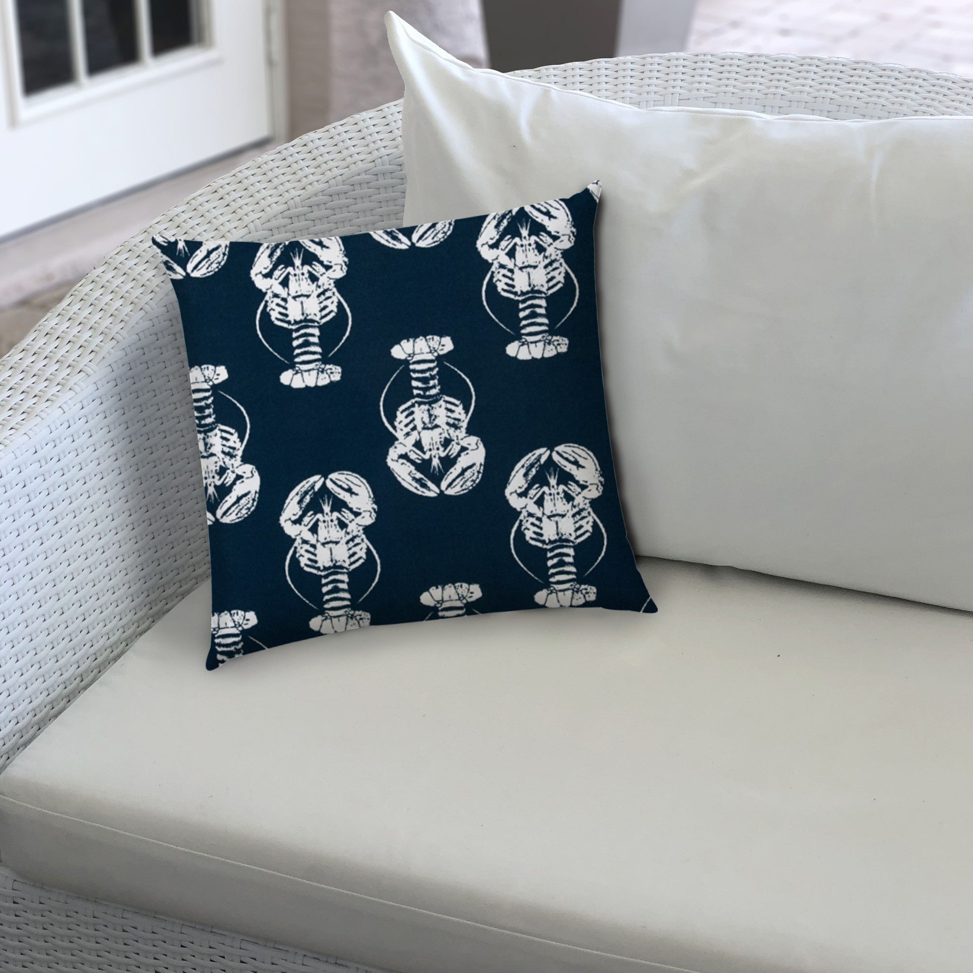 17" X 17" Navy Blue And White Lobster Blown Seam Coastal Lumbar Indoor Outdoor Pillow