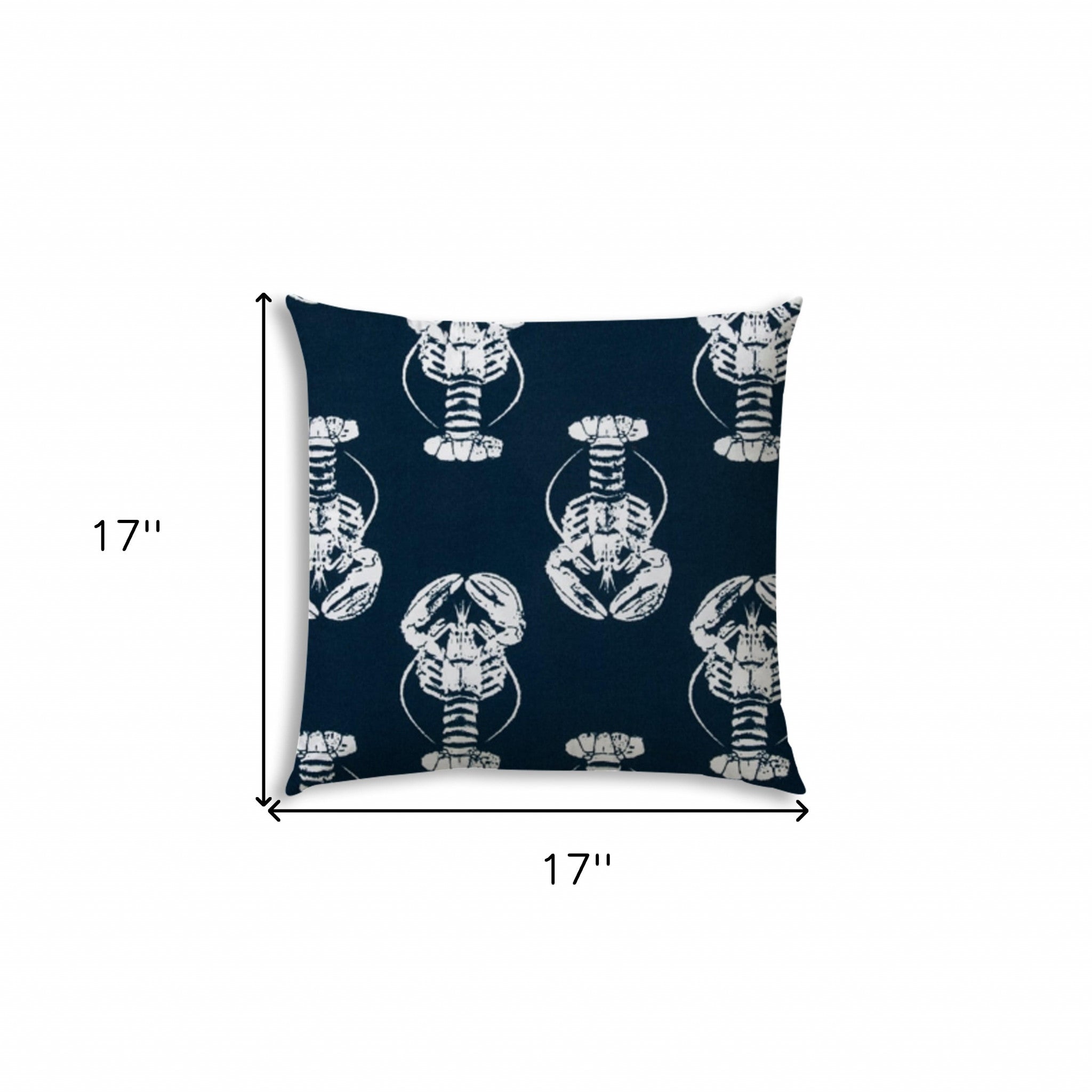 17" X 17" Navy Blue And White Lobster Blown Seam Coastal Lumbar Indoor Outdoor Pillow