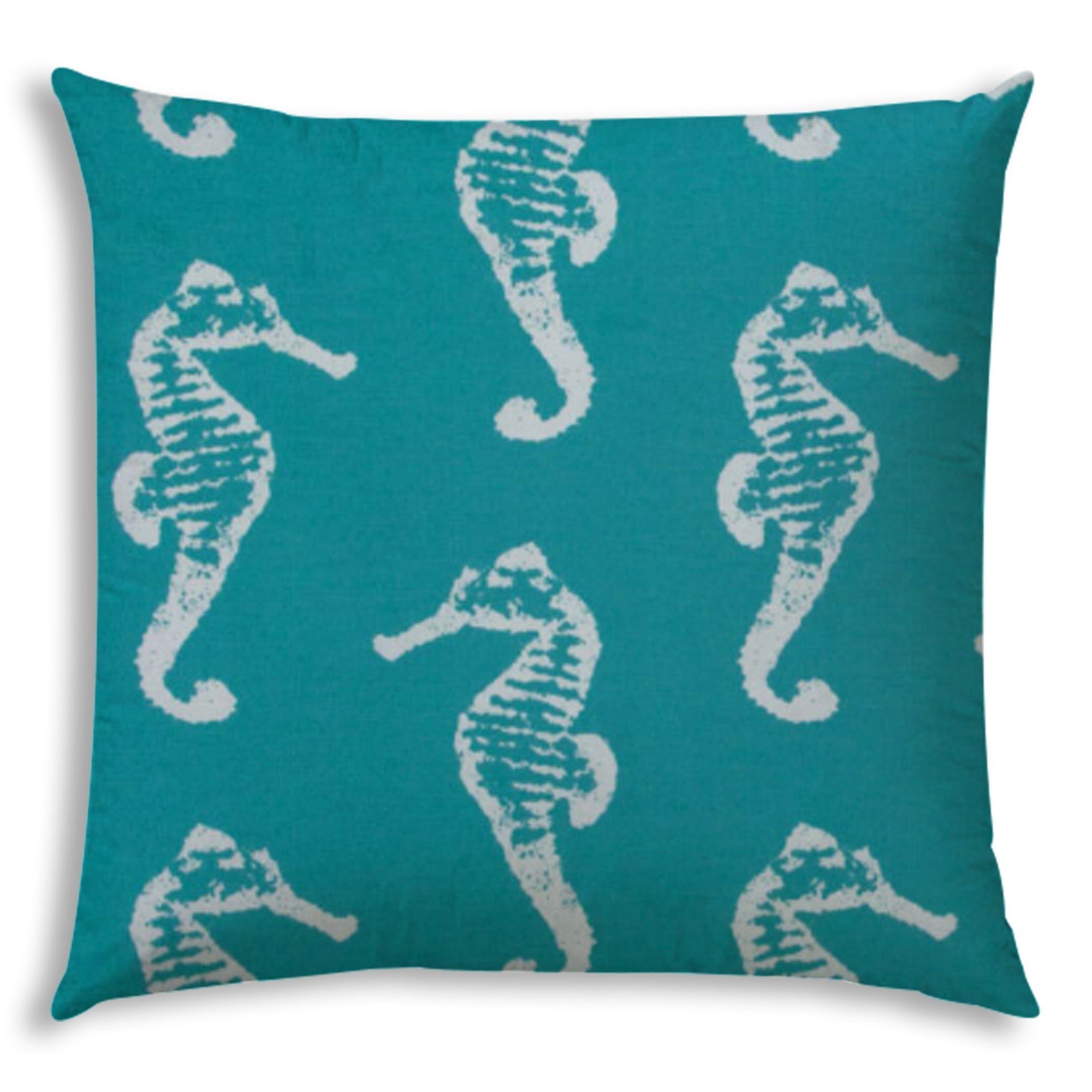 17" X 17" Turquoise And White Seahorse Blown Seam Coastal Lumbar Indoor Outdoor Pillow