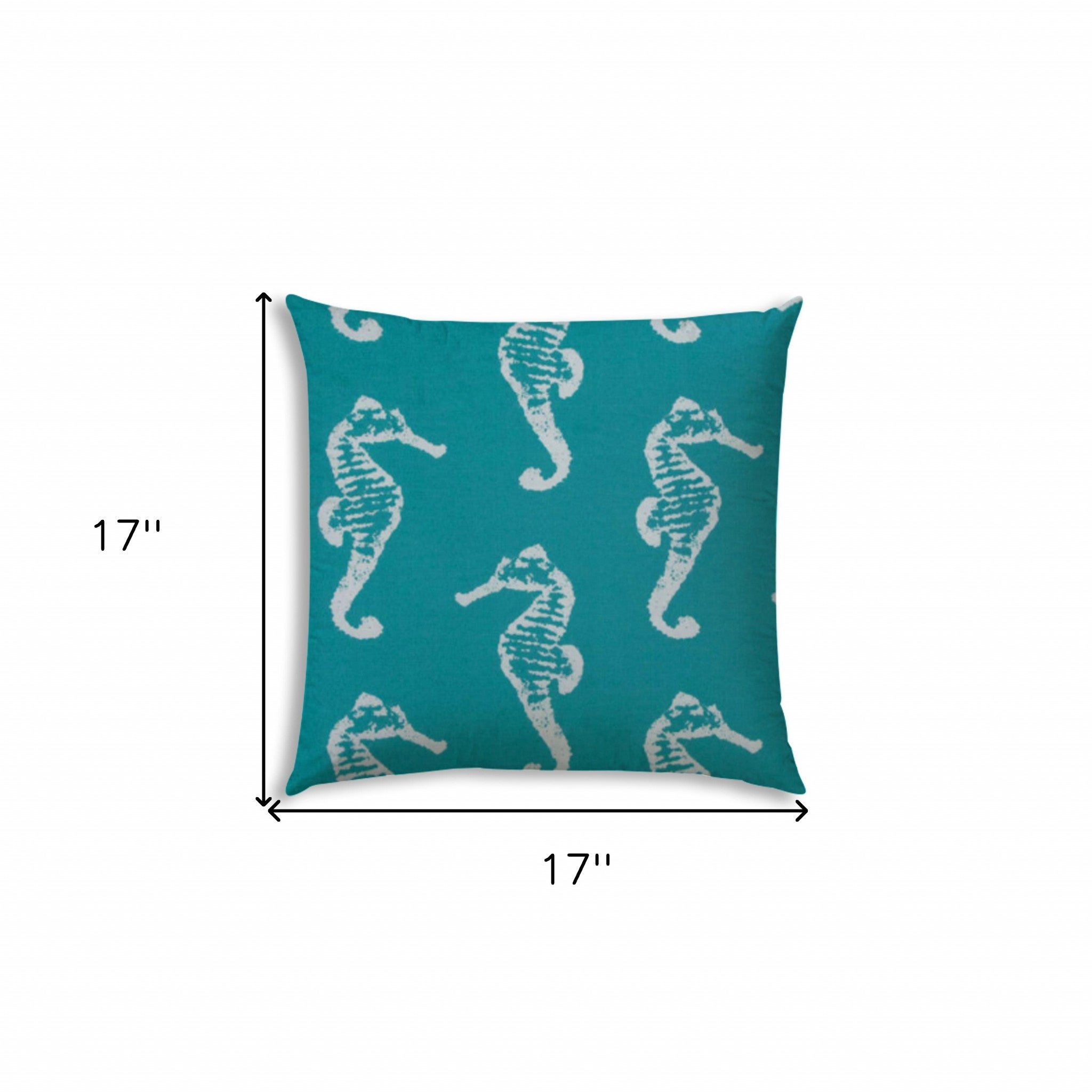 17" X 17" Turquoise And White Seahorse Blown Seam Coastal Lumbar Indoor Outdoor Pillow