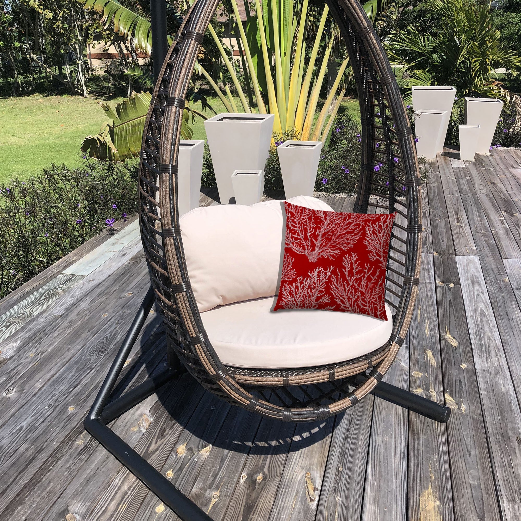 17" Red and White Coastal Coral Indoor Outdoor Throw Pillow