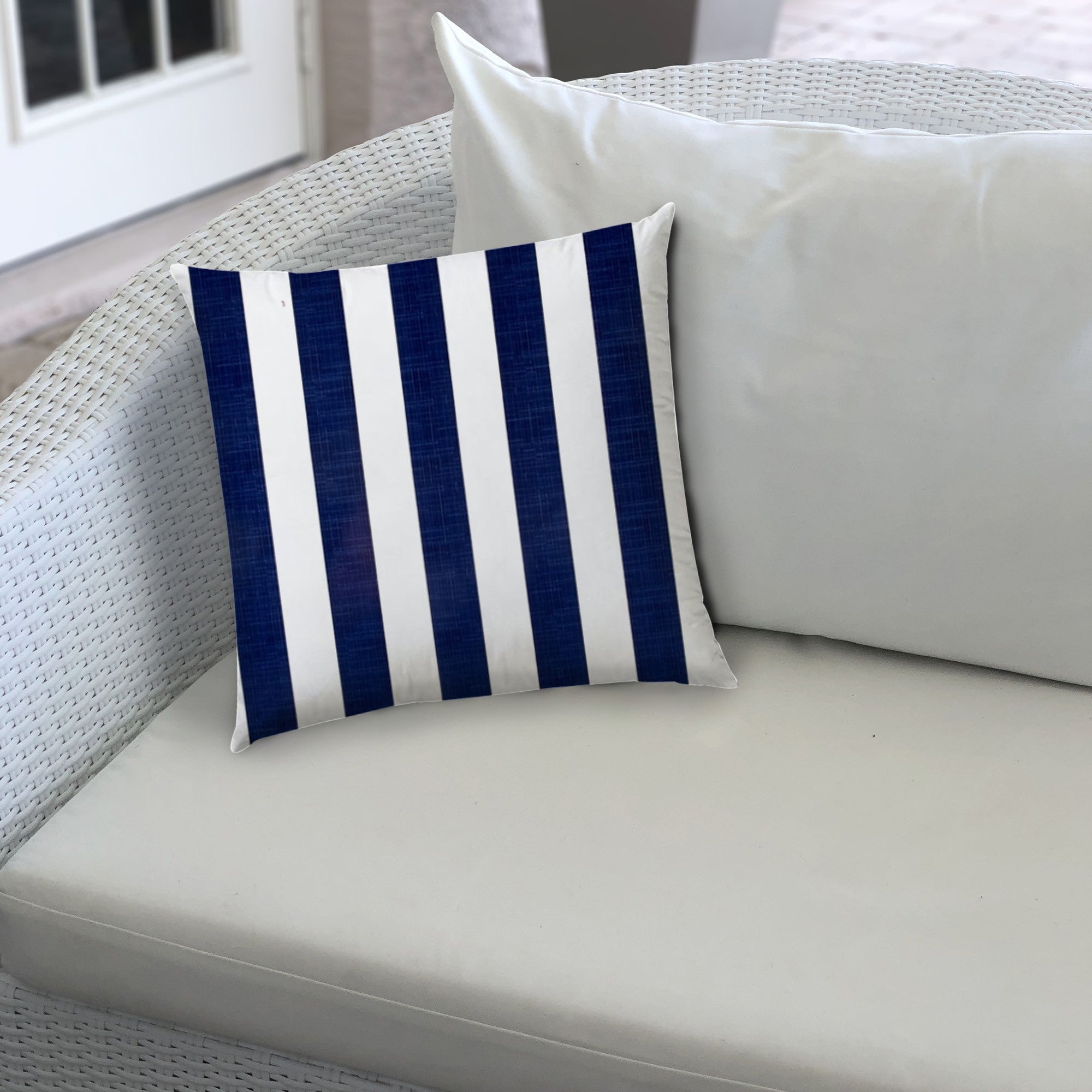 17" X 17" Navy Blue And White Blown Seam Striped Lumbar Indoor Outdoor Pillow