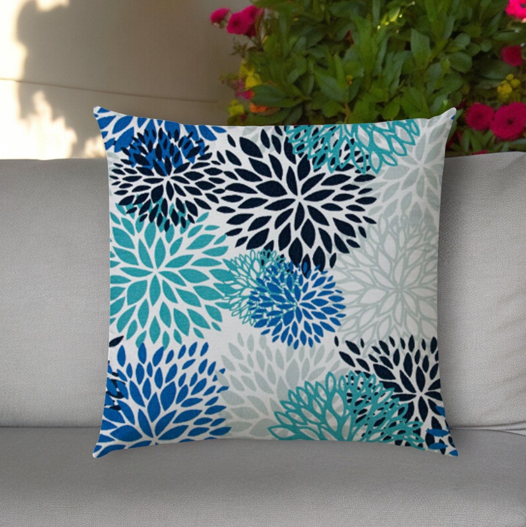 17" Aqua and White Floral Indoor Outdoor Throw Pillow