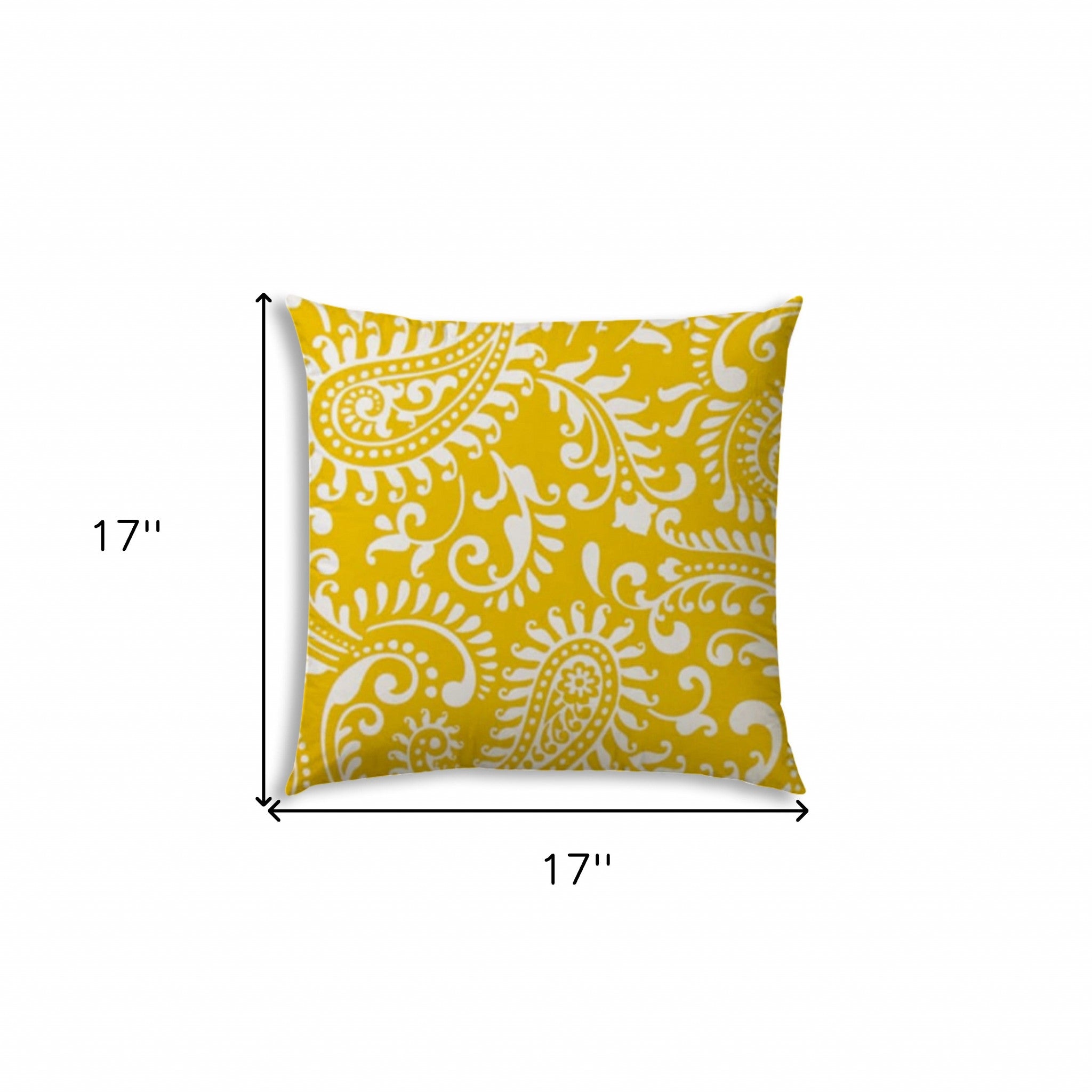 17" Yellow and White Paisley Indoor Outdoor Throw Pillow