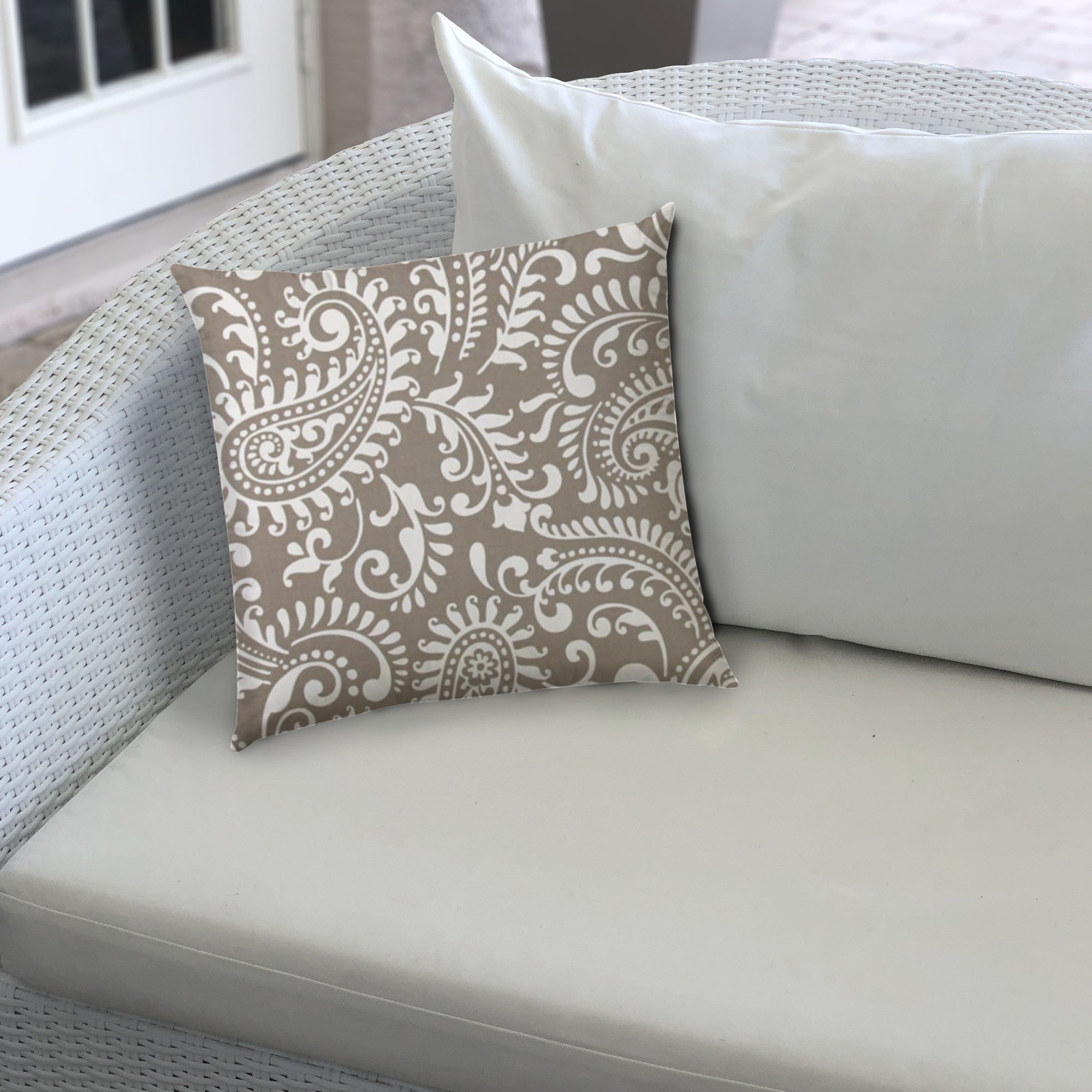 17" X 17" Taupe And White Blown Seam Paisley Lumbar Indoor Outdoor Pillow