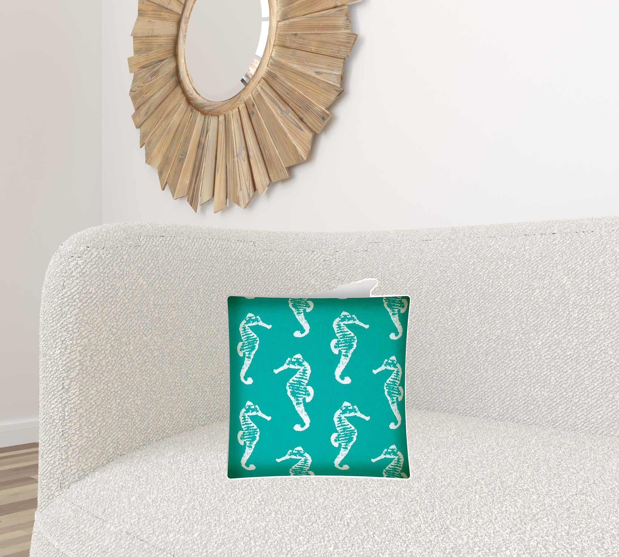 17" X 17" Turquoise And White Seahorse Zippered Coastal Throw Indoor Outdoor Pillow