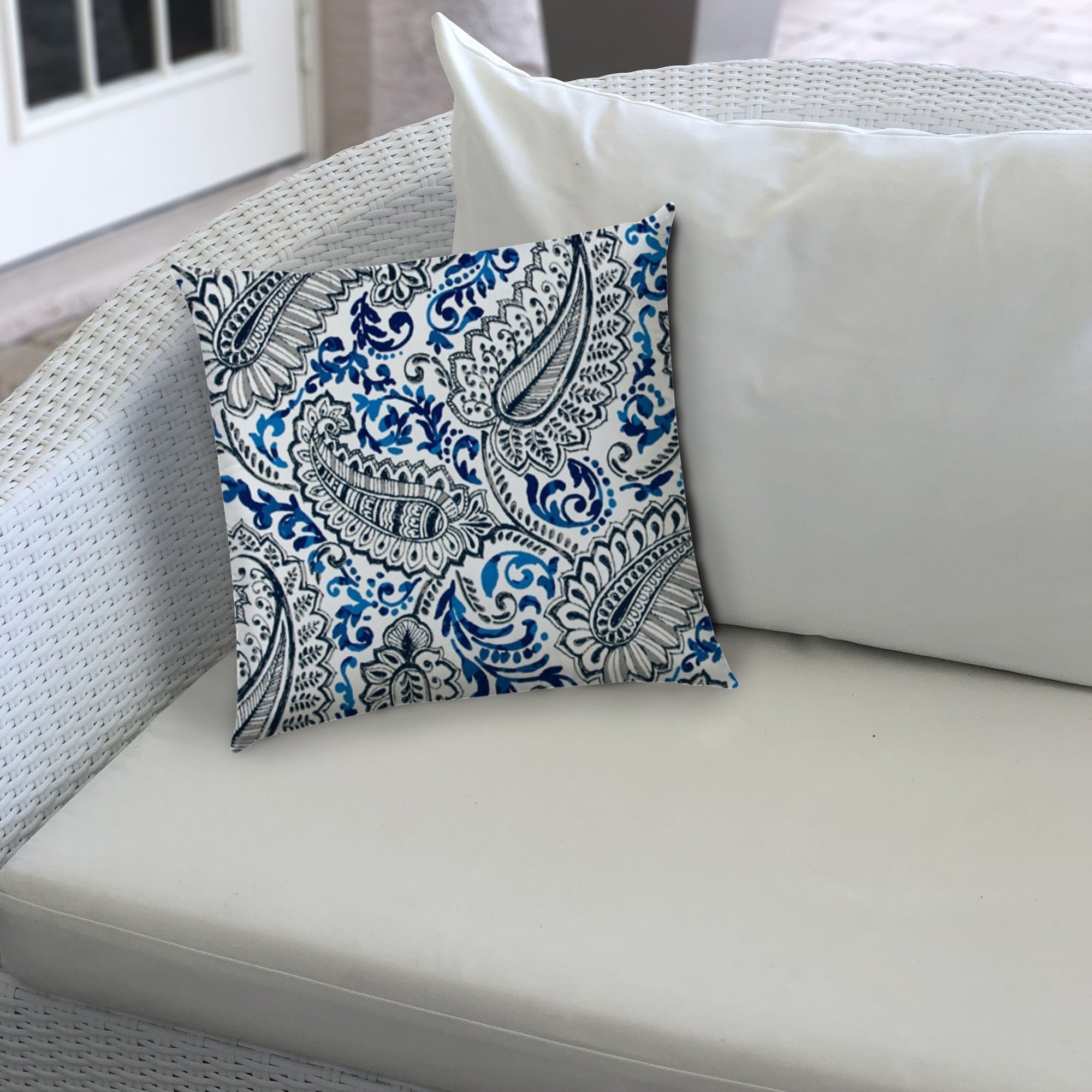 20" X 20" White And Blue Blown Seam Paisley Throw Indoor Outdoor Pillow