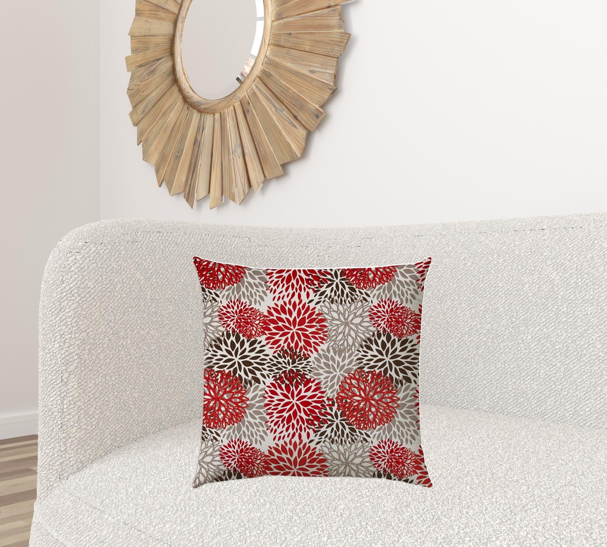 20" X 20" Red And White Blown Seam Floral Throw Indoor Outdoor Pillow