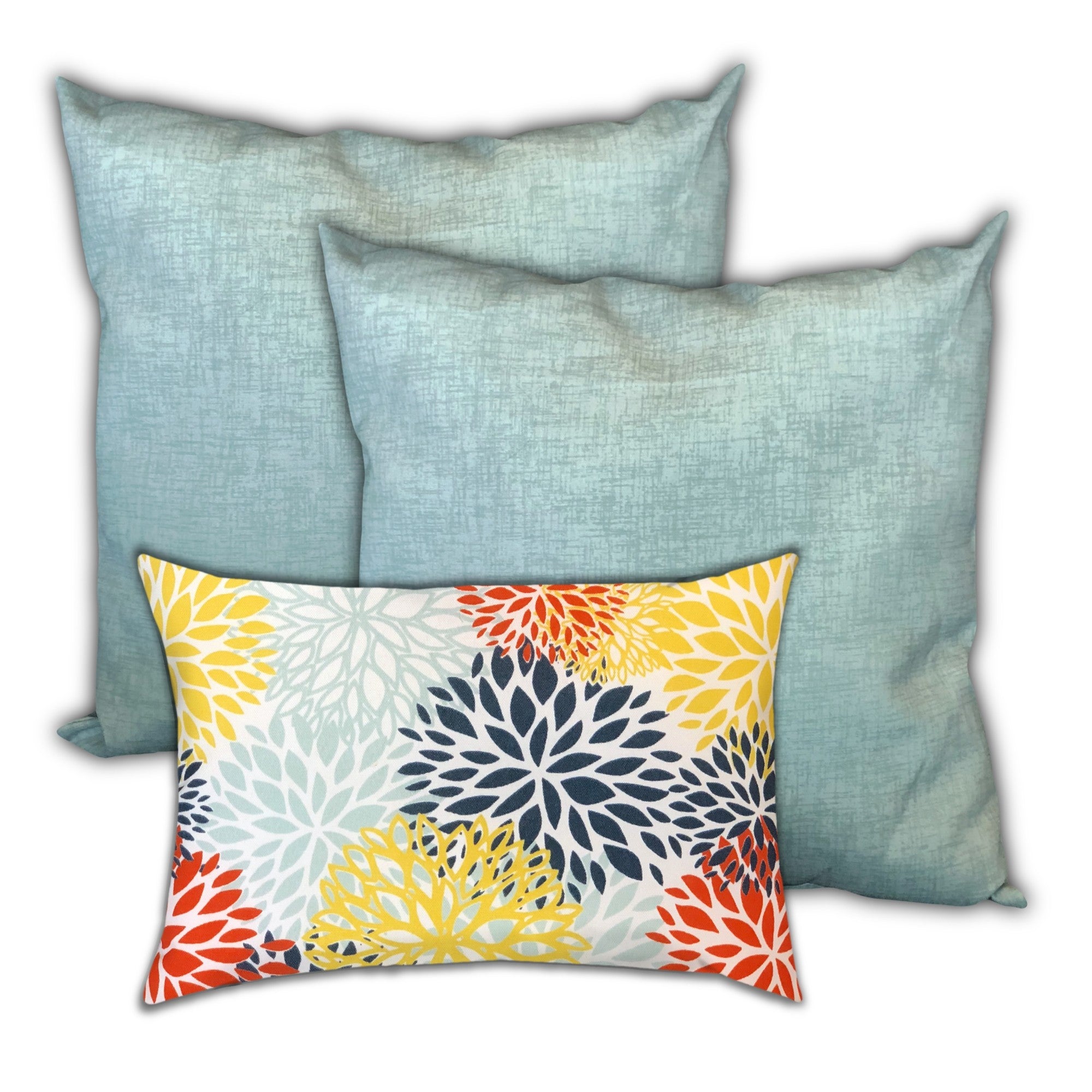 Set Of Three 18" X 18" Seafoam And White Blown Seam Floral Throw Indoor Outdoor Pillow