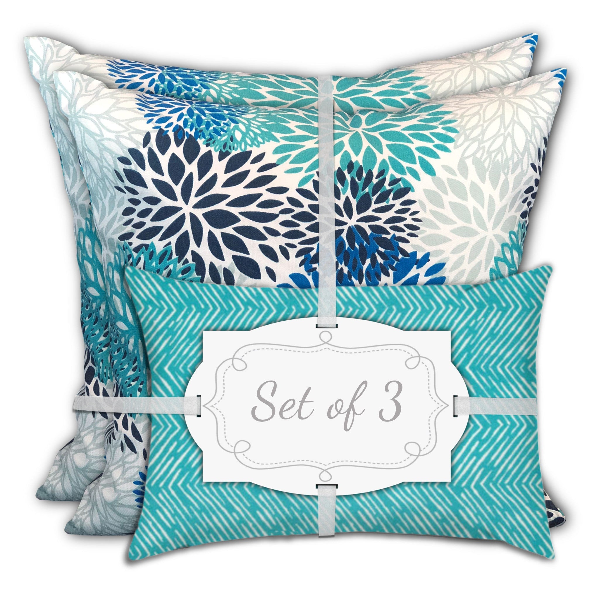 Set Of Three 18" X 18" Blue And White Blown Seam Floral Throw Indoor Outdoor Pillow