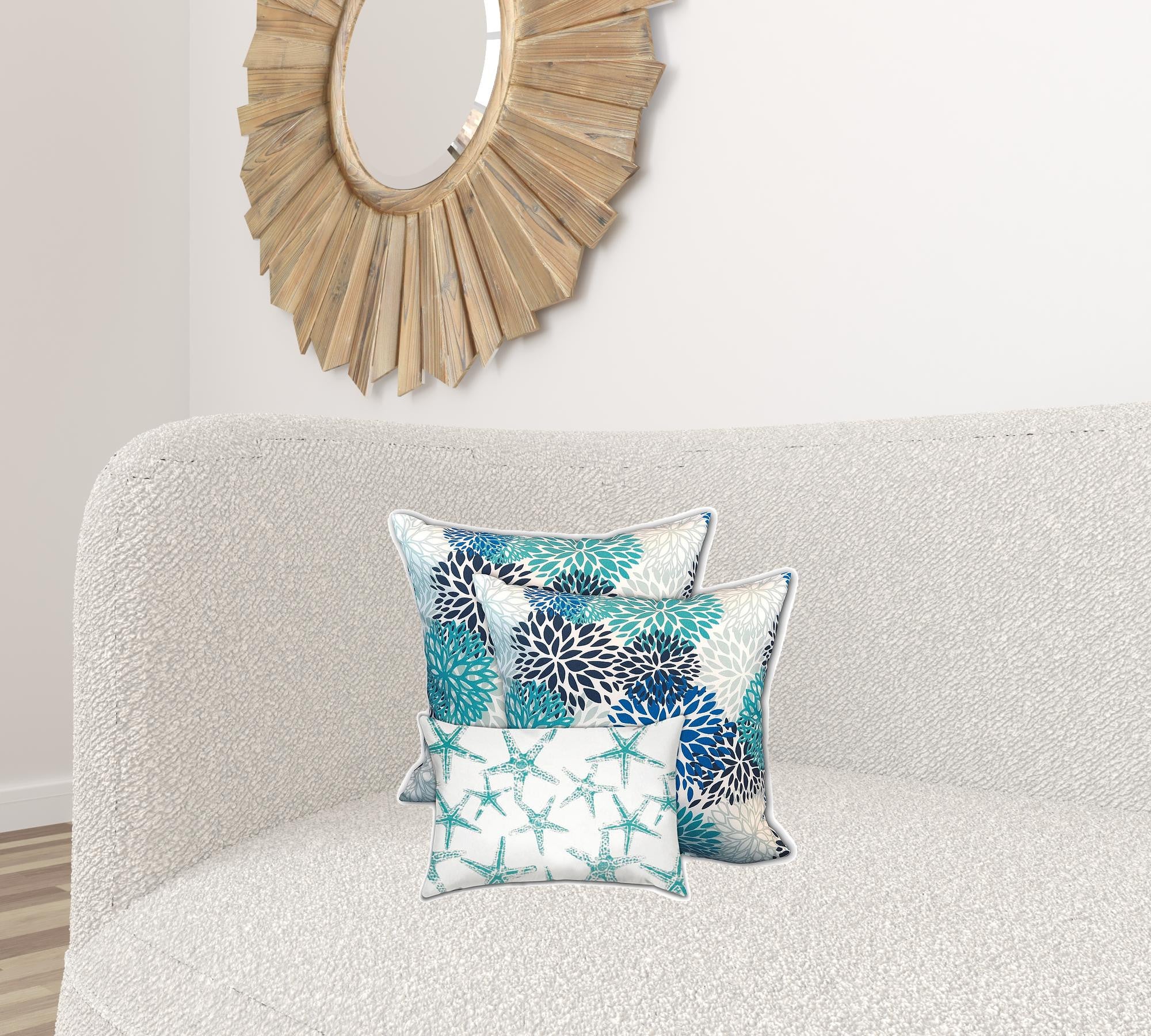 Set Of Three 18" X 18" Blue And White Blown Seam Floral Throw Indoor Outdoor Pillow