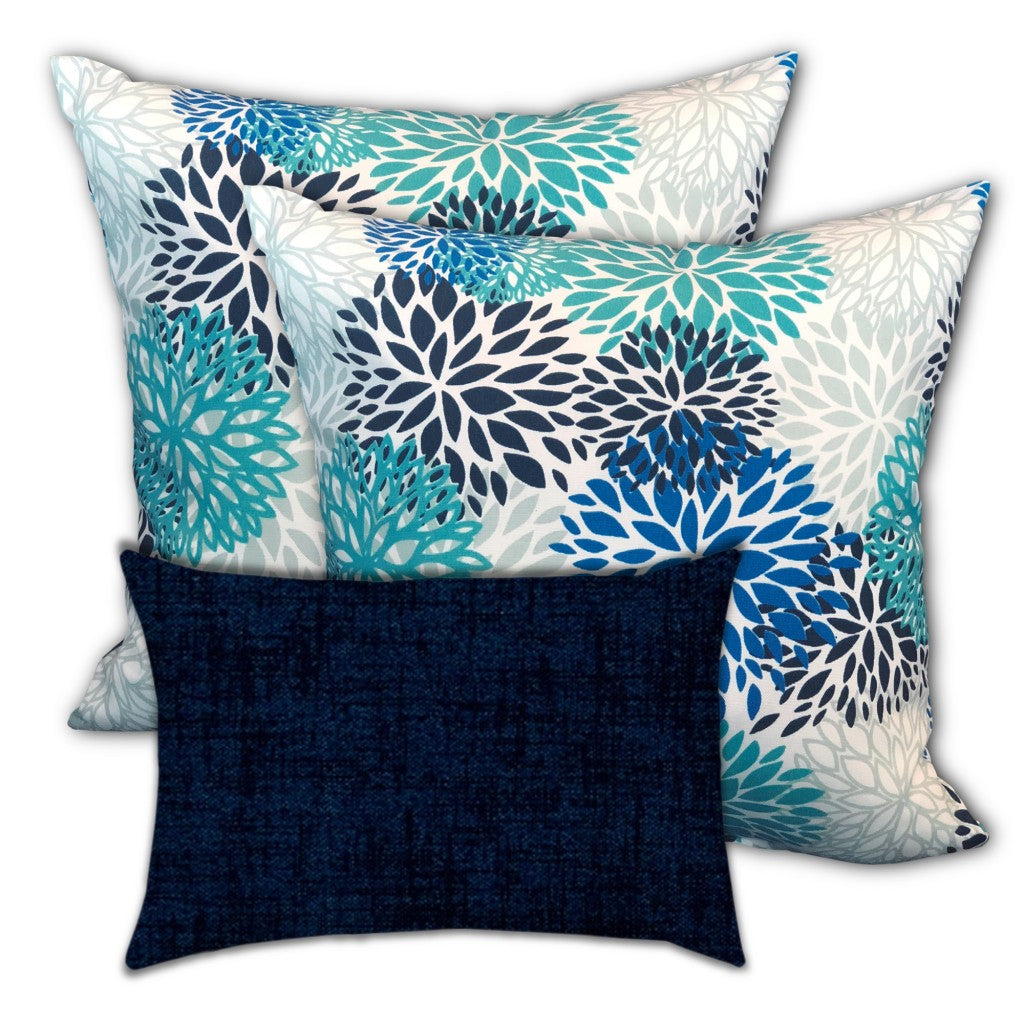 18" X 18" Blue And White Blown Seam Floral Throw Indoor Outdoor Pillow