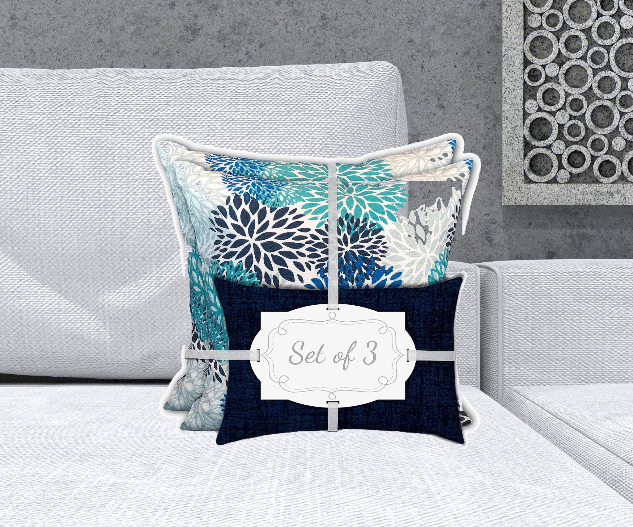 18" X 18" Blue And White Blown Seam Floral Throw Indoor Outdoor Pillow