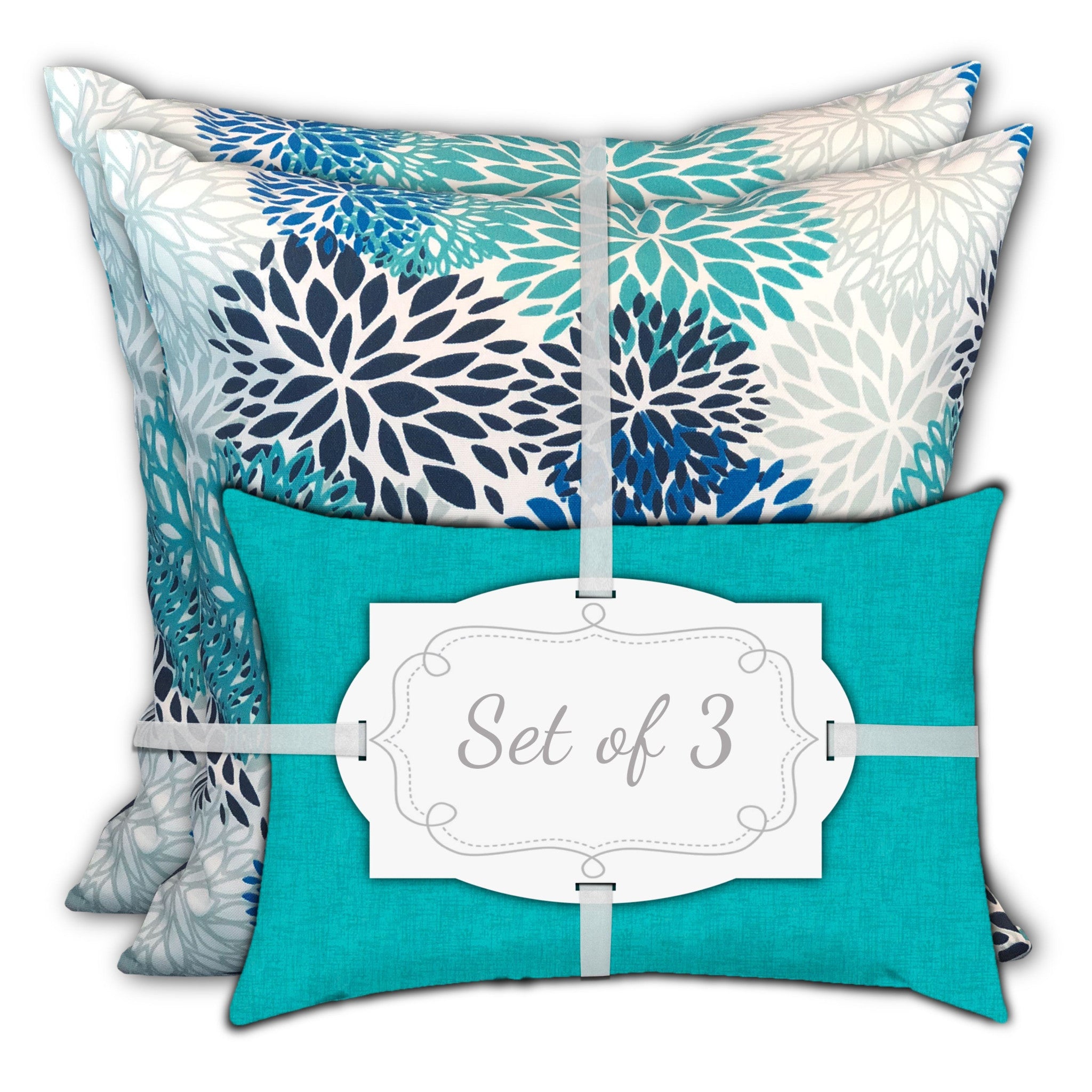 18" X 18" Blue And White Blown Seam Floral Throw Indoor Outdoor Pillow