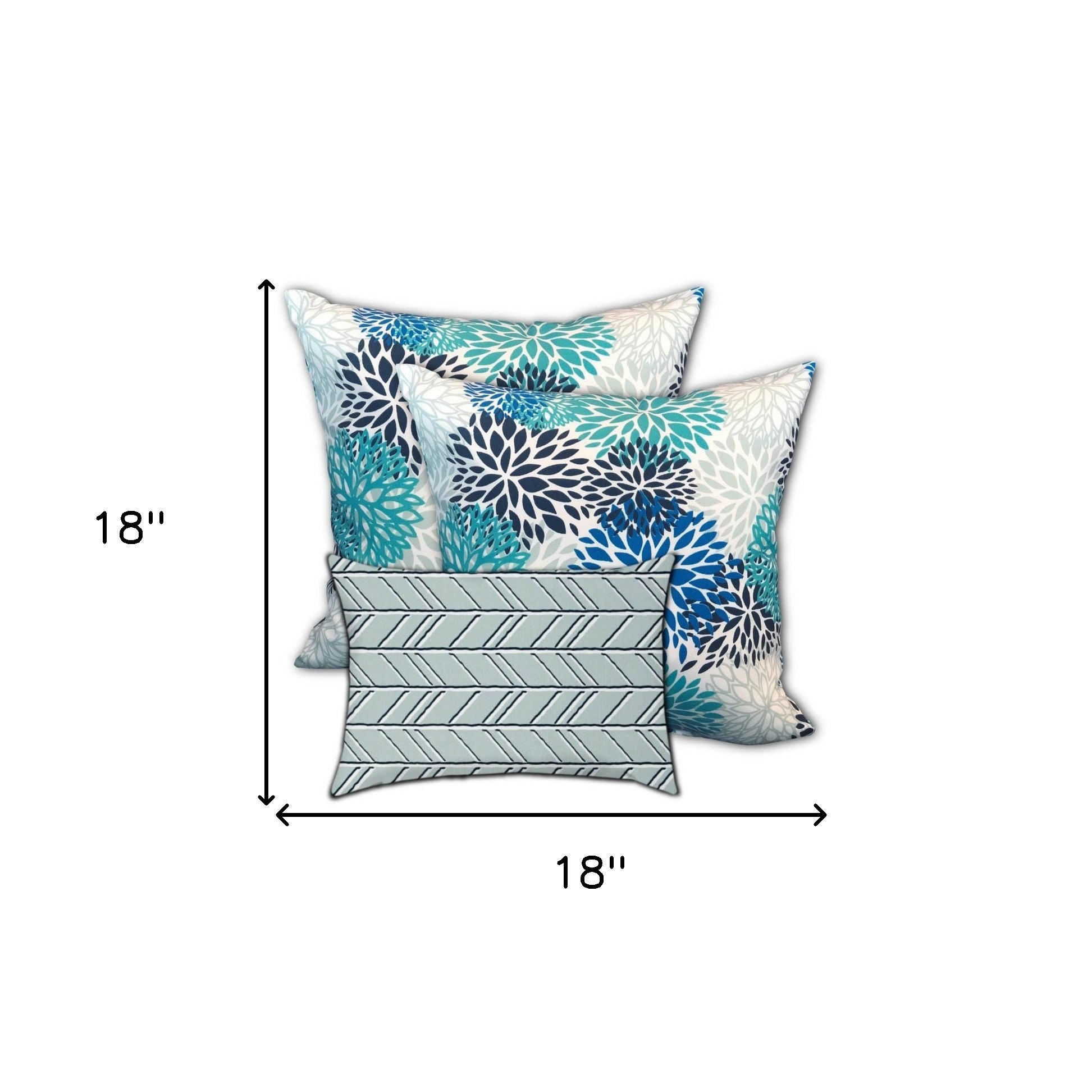 Set Of Three 18" X 18" Blue And White Blown Seam Floral Throw Indoor Outdoor Pillow