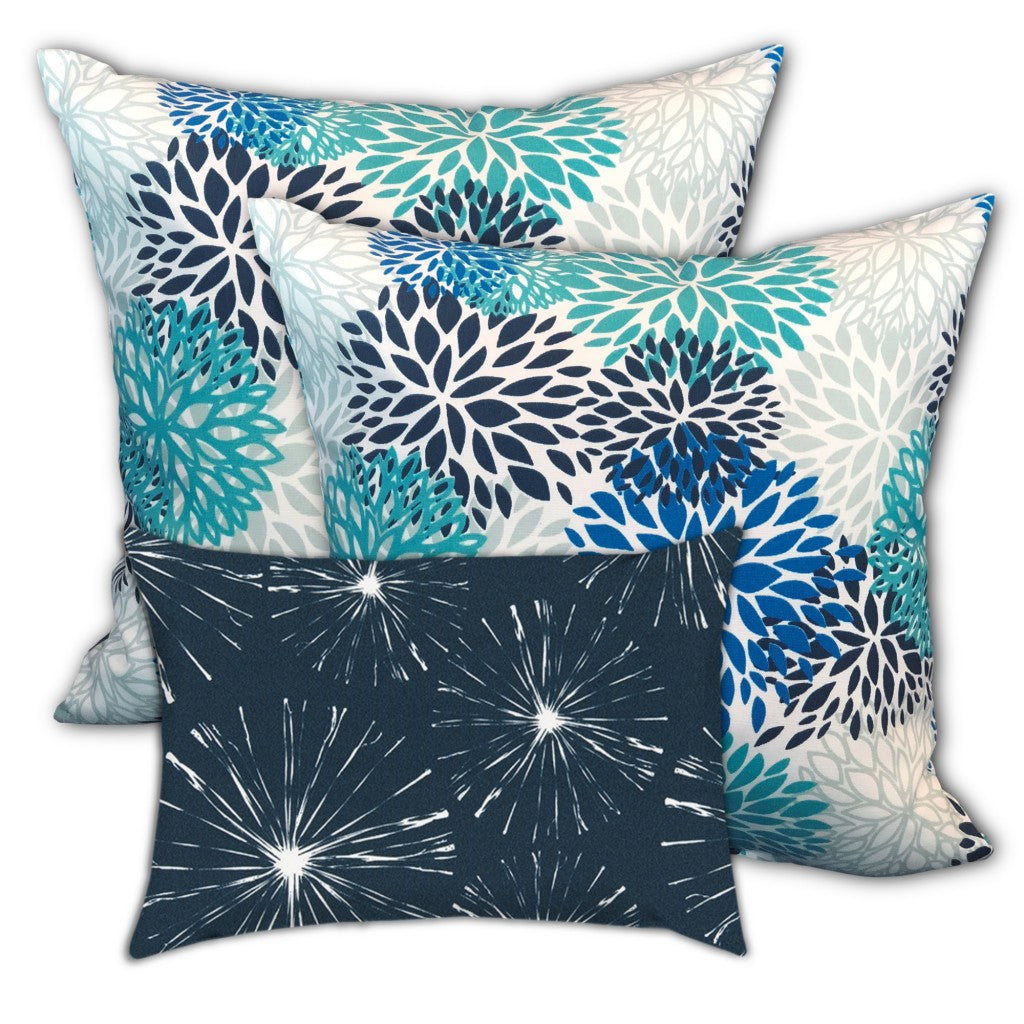 Set Of Three 18" X 18" Blue And White Blown Seam Floral Throw Indoor Outdoor Pillow