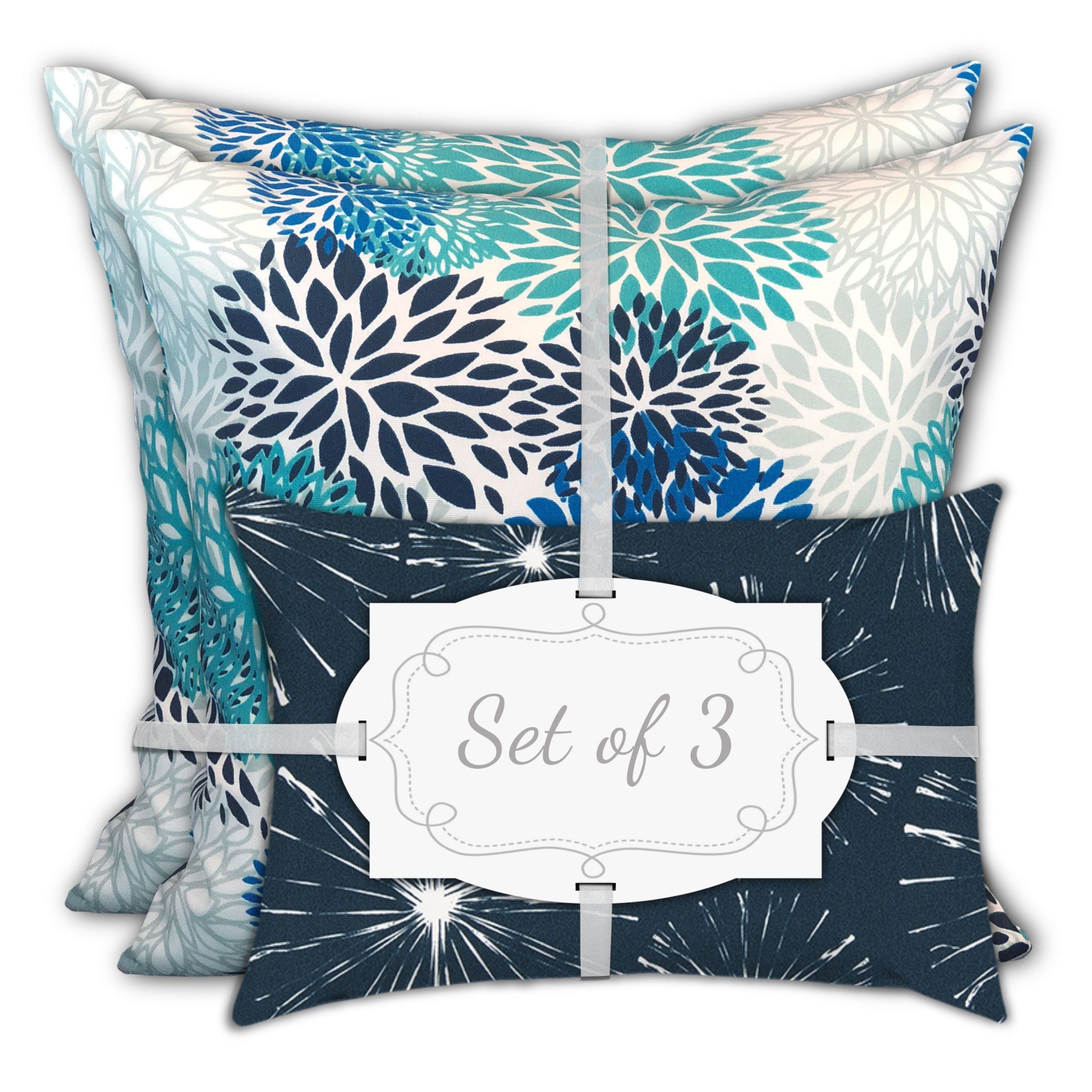 Set Of Three 18" X 18" Blue And White Blown Seam Floral Throw Indoor Outdoor Pillow