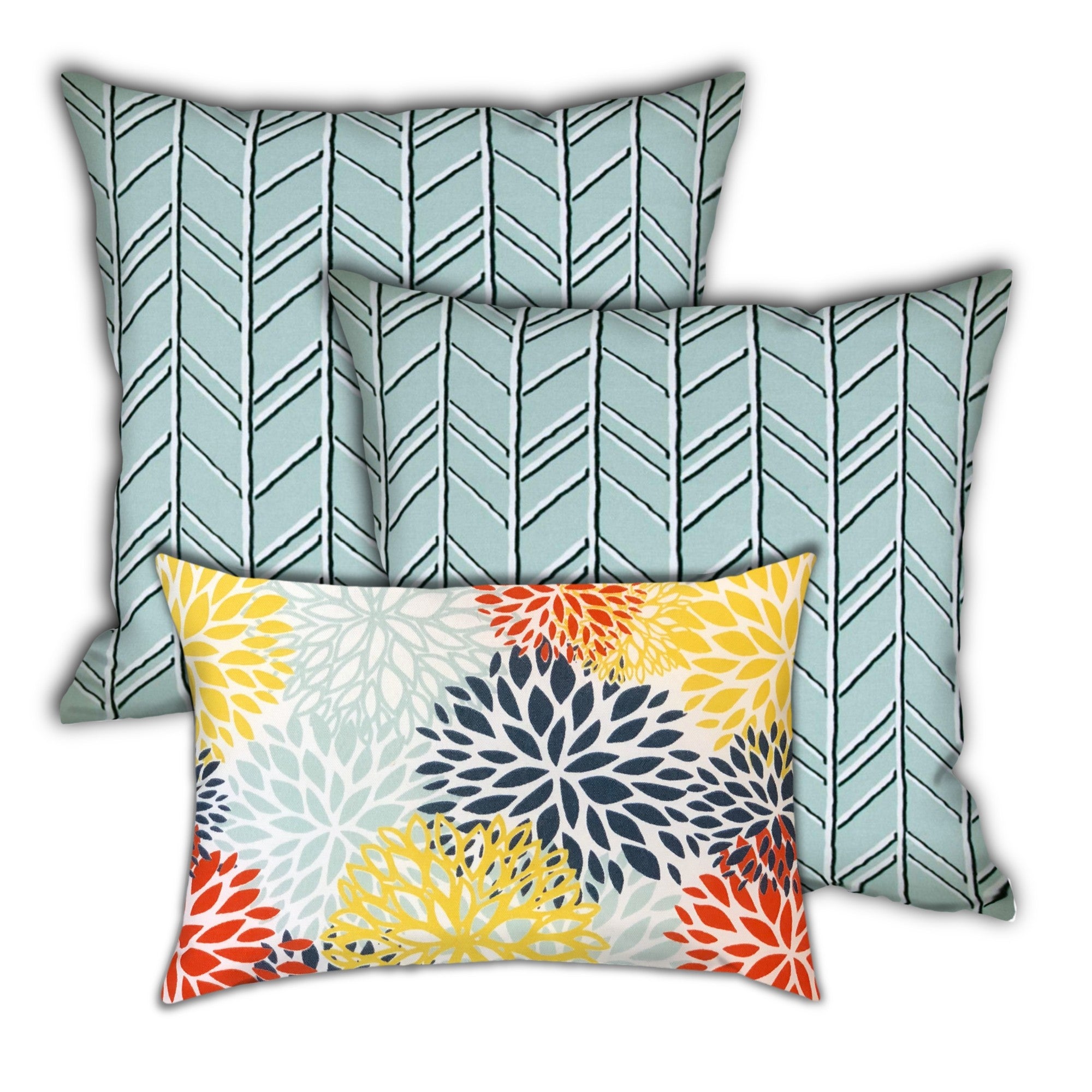 Set Of Three 18" X 18" Seafoam And White Zippered Floral Throw Indoor Outdoor Pillow