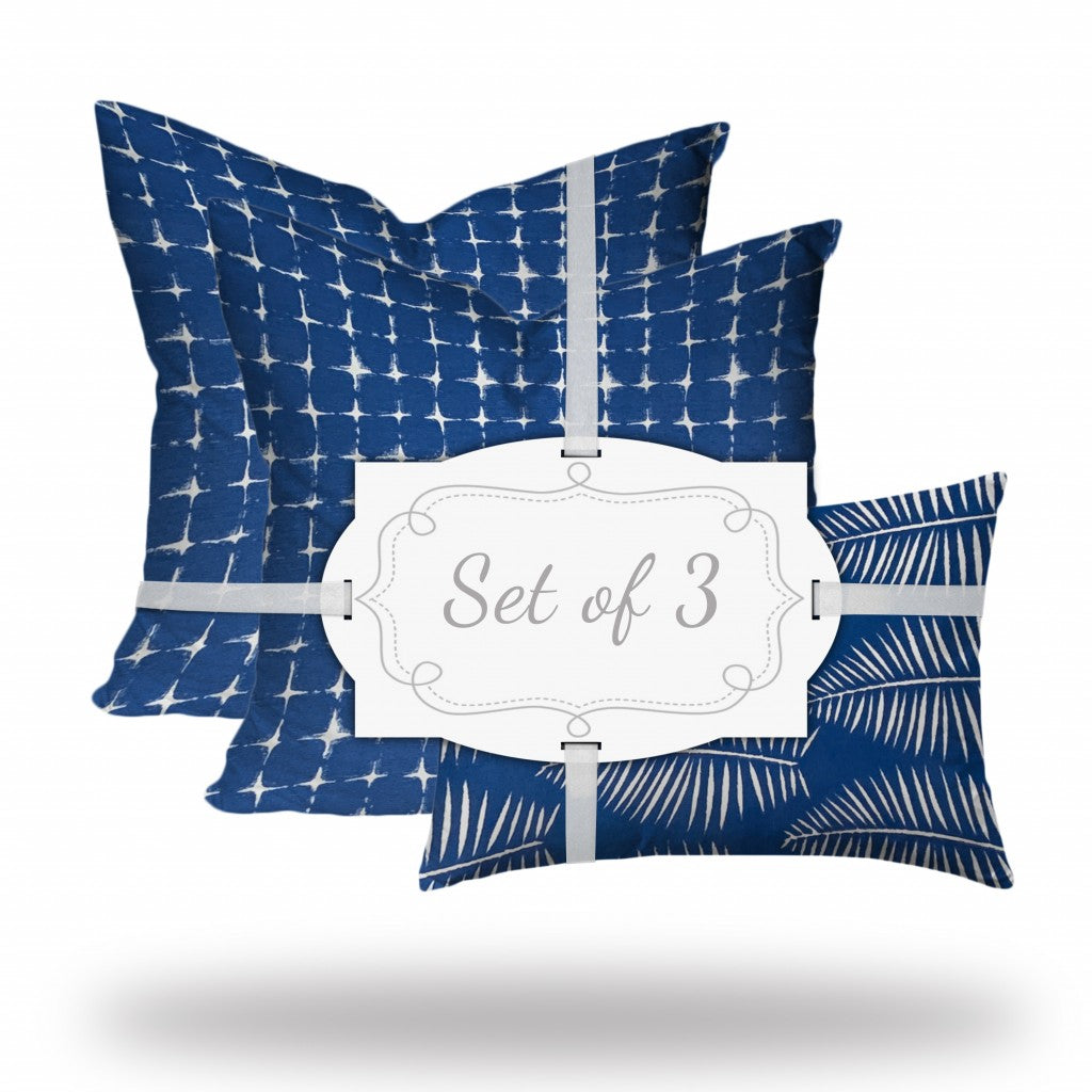 Set Of Three 20" X 20" Blue And White Enveloped Gingham Throw Indoor Outdoor Pillow