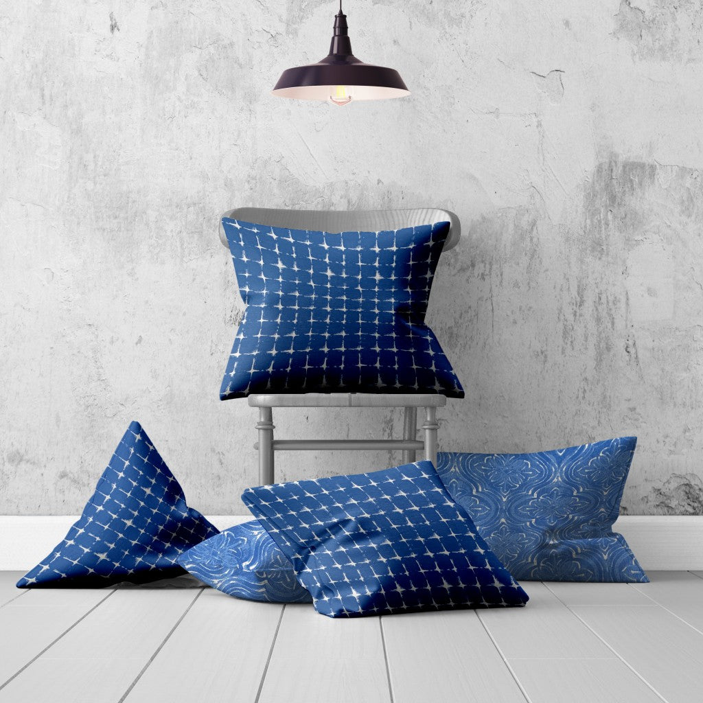 Set Of Three 20" X 20" Blue And White Zippered Gingham Throw Indoor Outdoor Pillow Cover