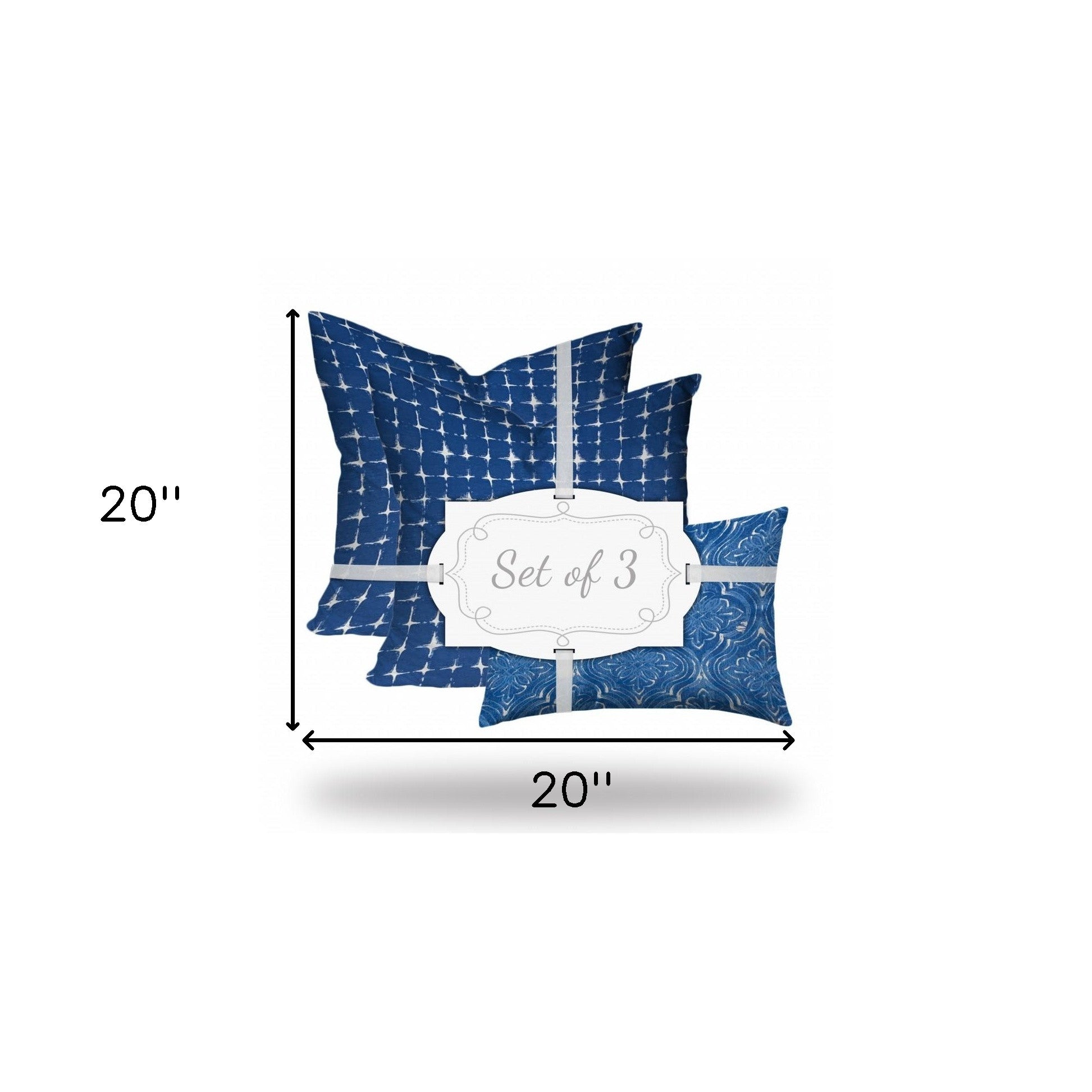 Set Of Three 20" X 20" Blue And White Zippered Gingham Throw Indoor Outdoor Pillow Cover