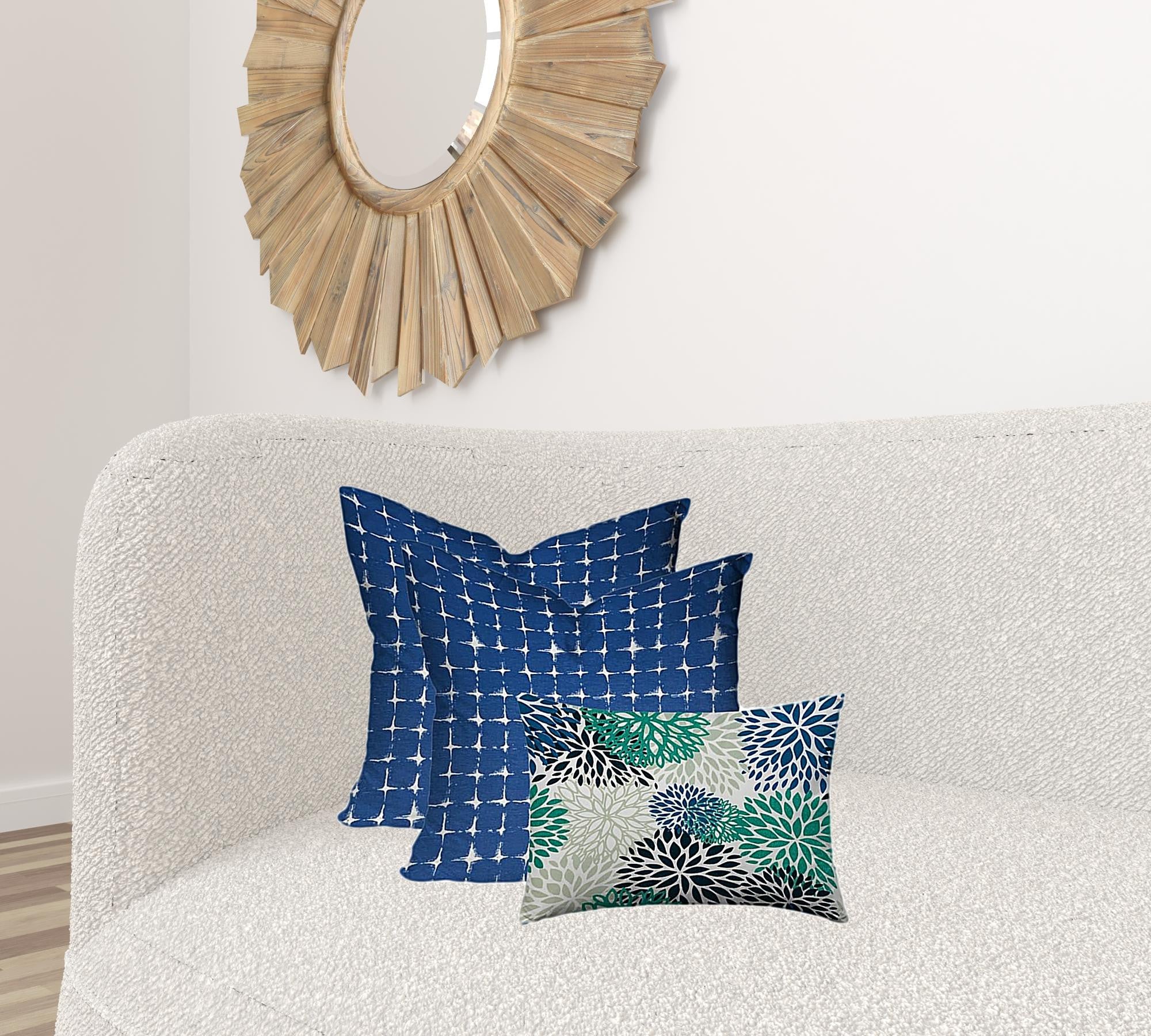 Set Of Three 20" X 20" Blue And White Enveloped Floral Throw Indoor Outdoor Pillow Cover