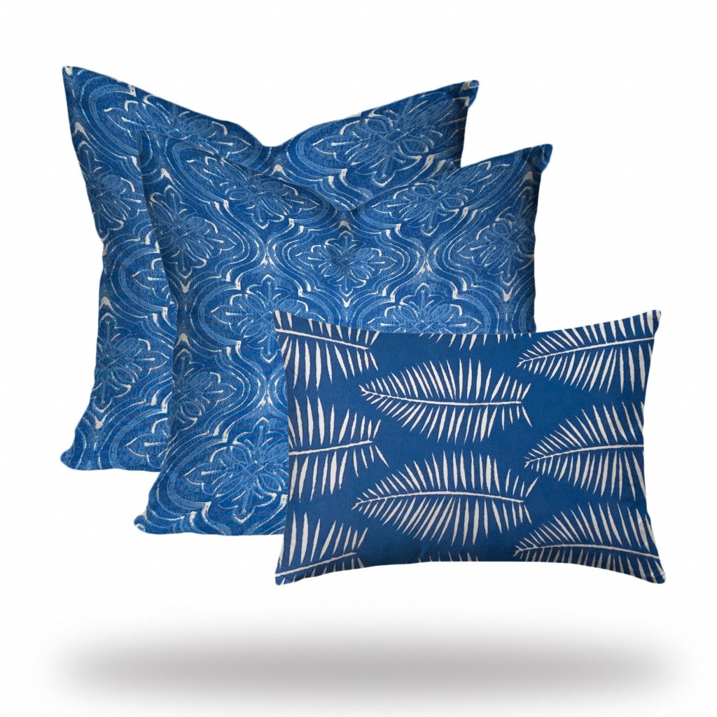 Set Of Three 20" X 20" Blue And White Blown Seam Coastal Throw Indoor Outdoor Pillow