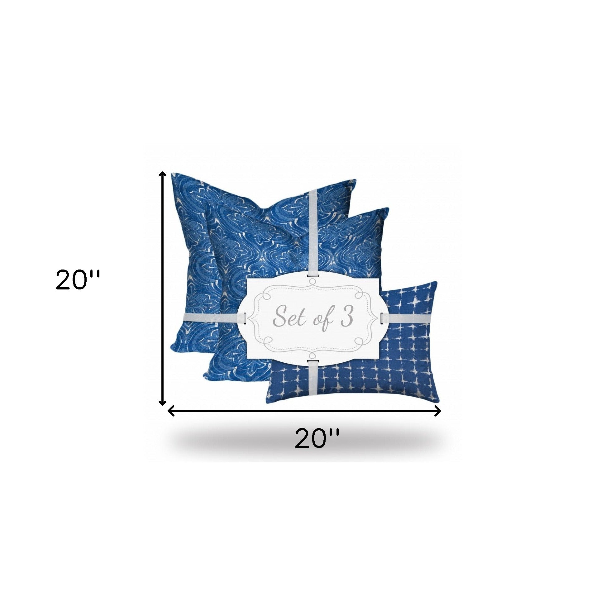 Set Of Three 20" X 20" Blue And White Blown Seam Coastal Throw Indoor Outdoor Pillow