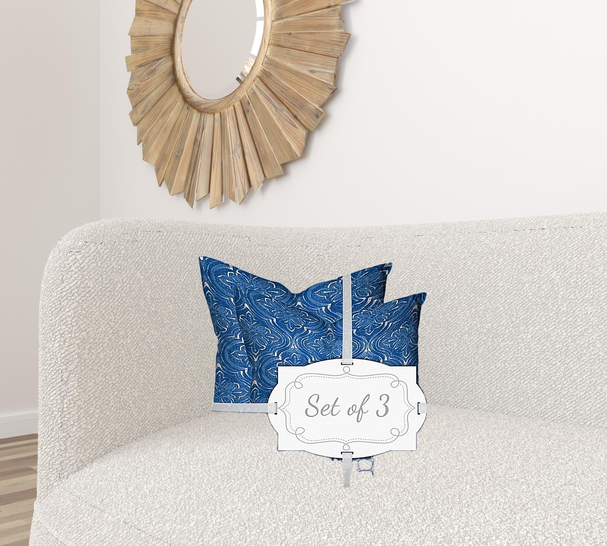 Set Of Three 20" X 20" Blue And White Enveloped Coastal Throw Indoor Outdoor Pillow Cover