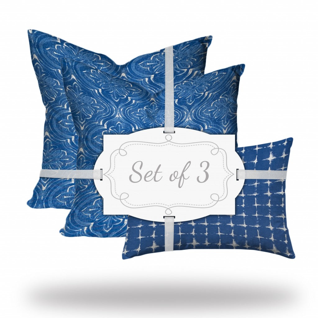 Set Of Three 20" X 20" Blue And White Enveloped Coastal Throw Indoor Outdoor Pillow