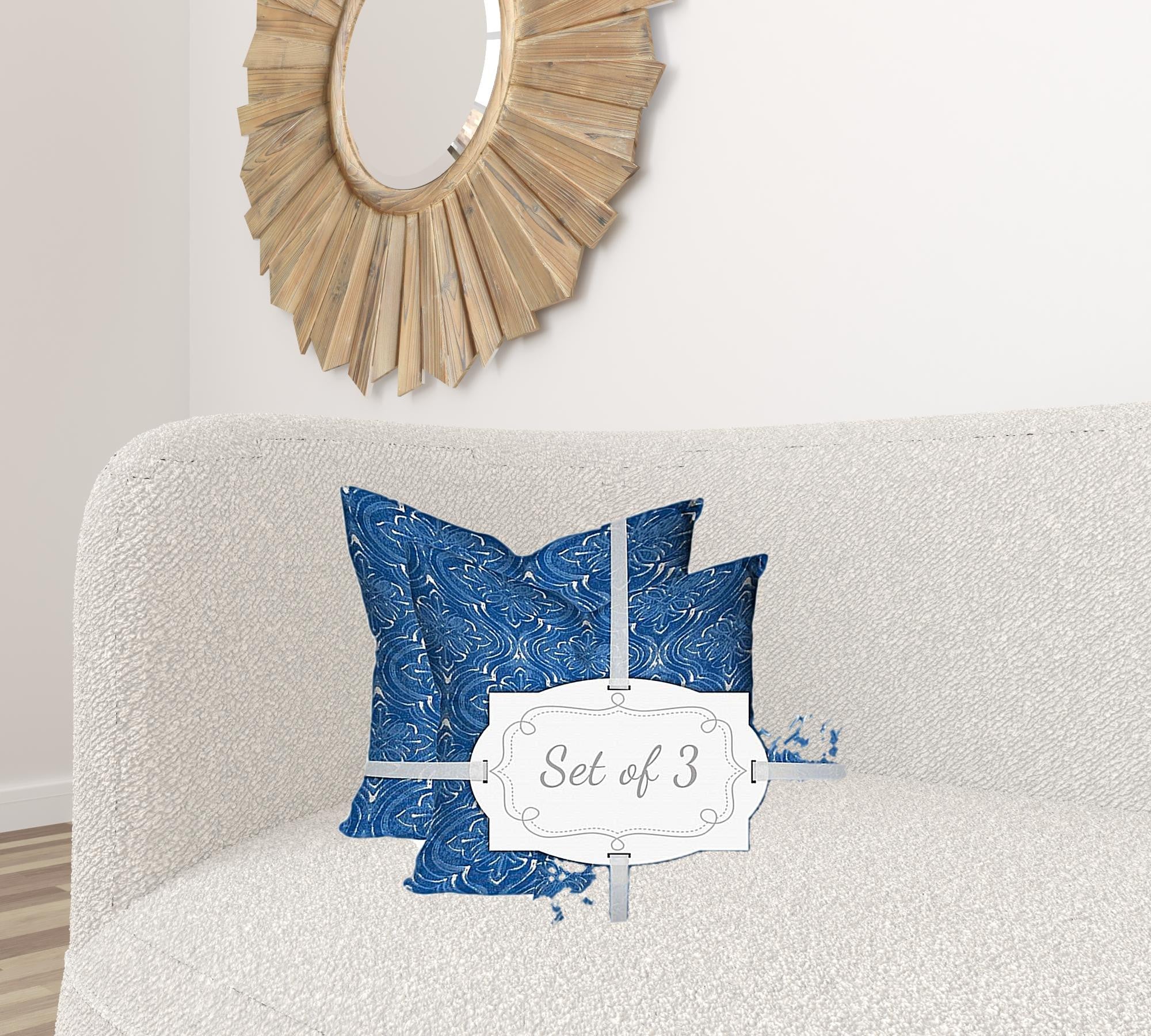 Set Of Three 20" X 20" Blue And White Blown Seam Coastal Throw Indoor Outdoor Pillow