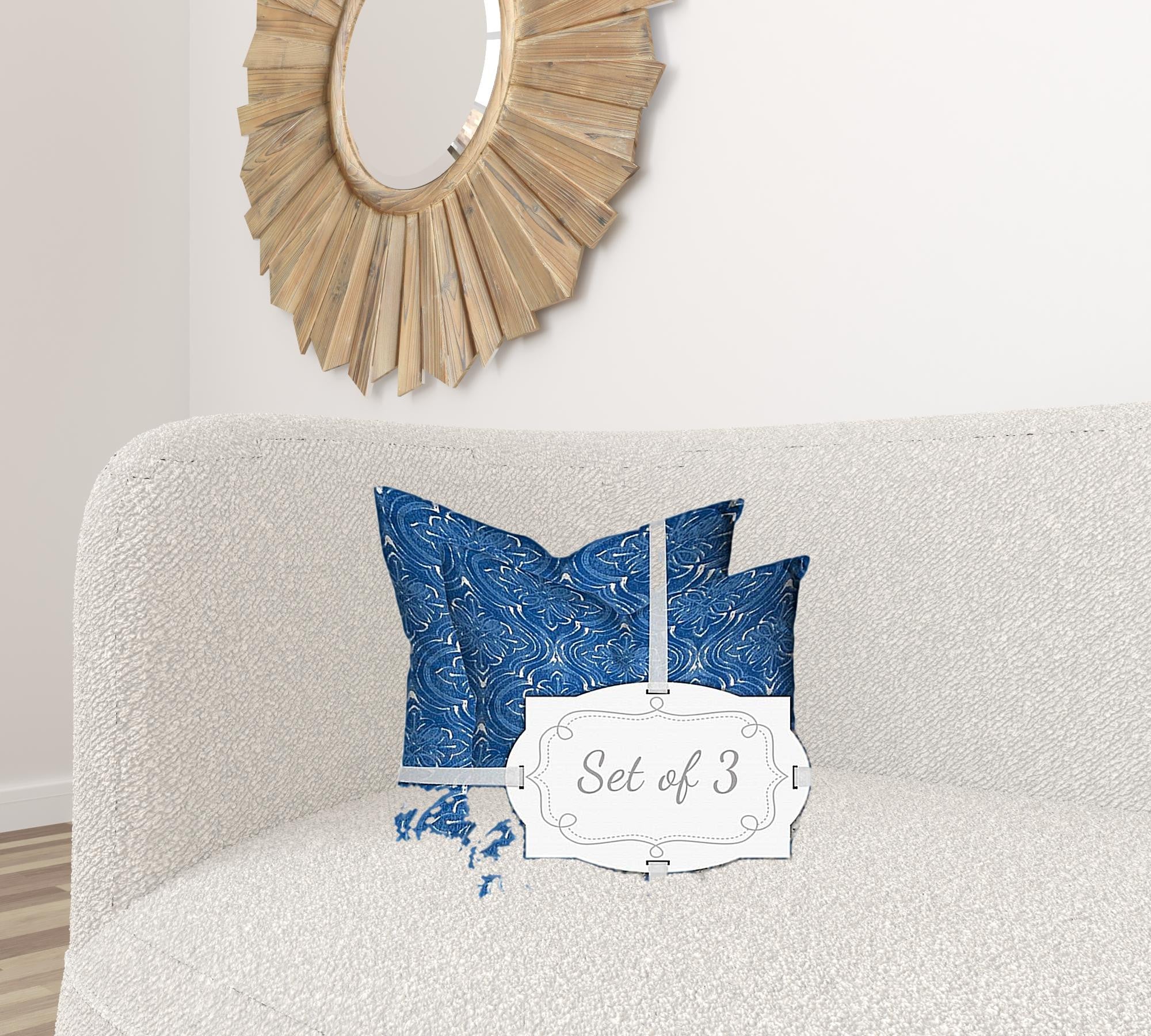 Set Of Three 20" X 20" Blue And White Blown Seam Coastal Throw Indoor Outdoor Pillow