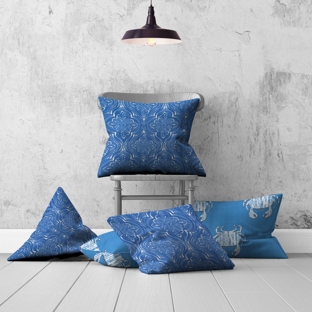 Set Of Three 20" X 20" Blue And White Crab Blown Seam Coastal Throw Indoor Outdoor Pillow